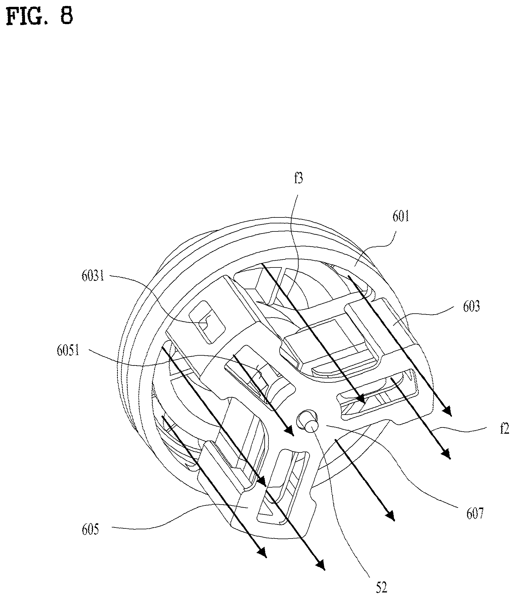 Patent US12316200 Figure 8 – Fan motor assembly with stator core supports
