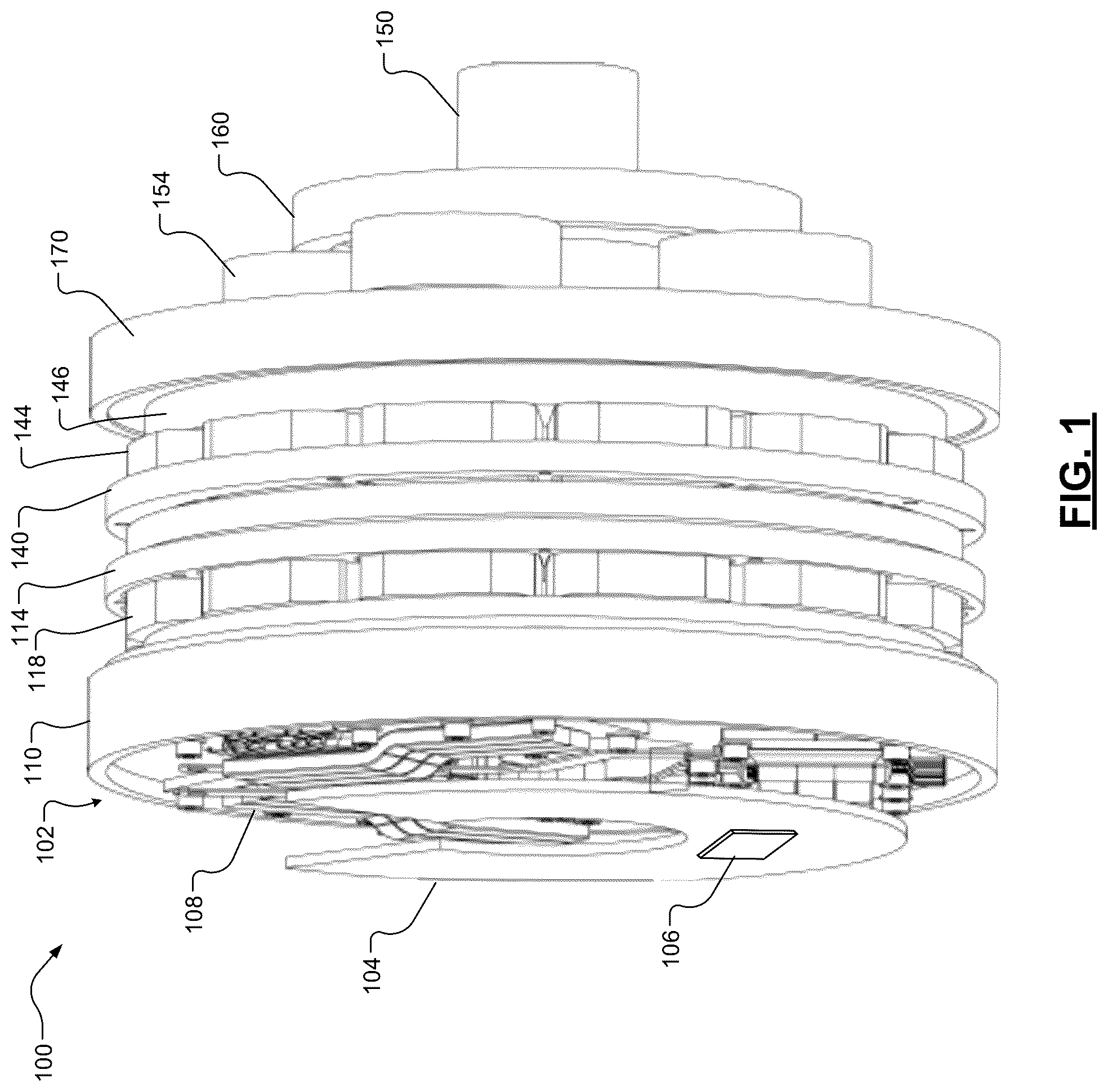 Patent US12316203 Figure 1 – Axial flux motor assemblies with integrated power electronics and double-sided cooling