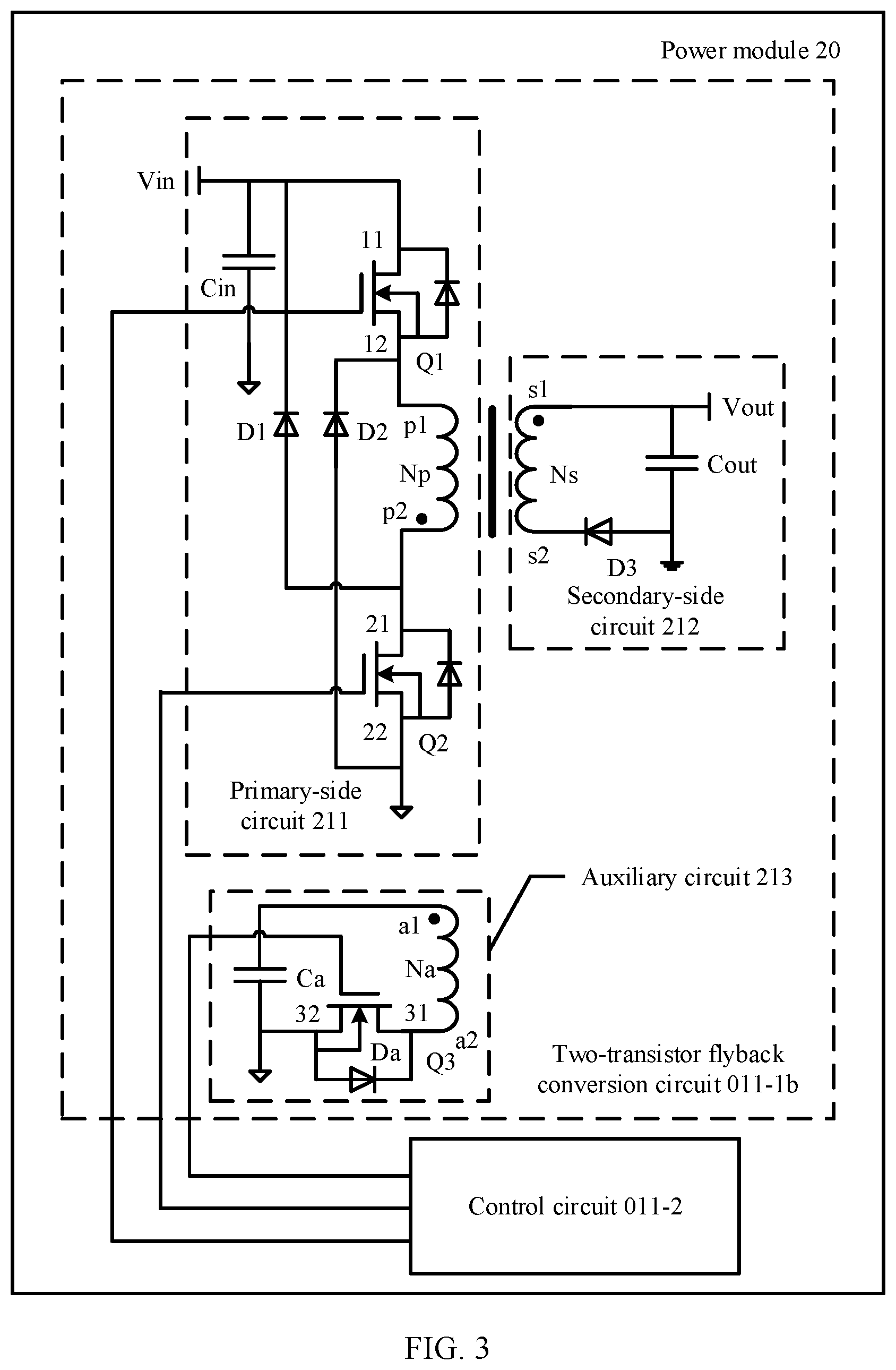 Patent US12316230 Figure 3 – Two-transistor flyback conversion circuit, power module, electric vehicle, and control method