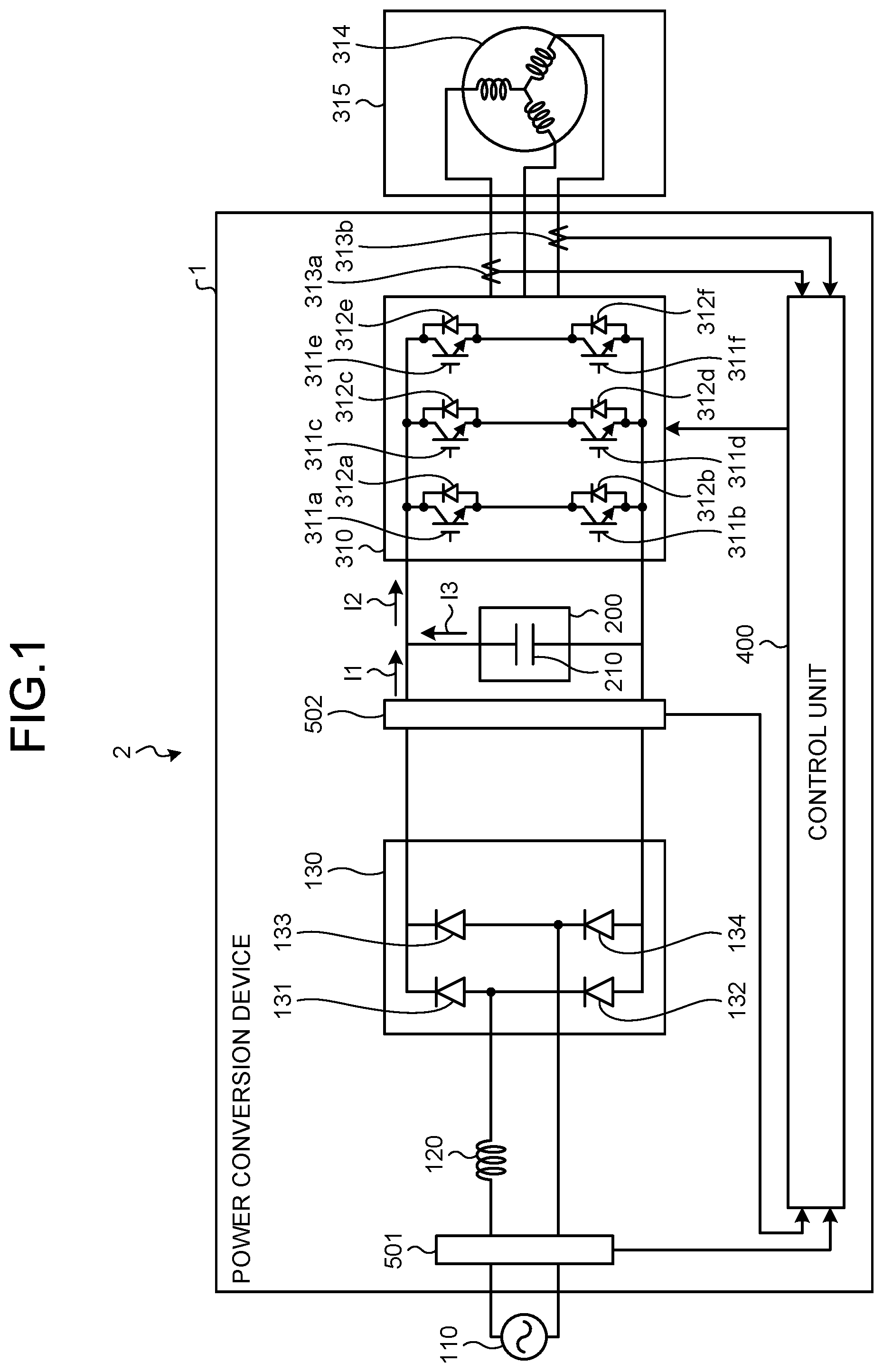 Patent US12316237 Figure 1 – Power conversion device, motor drive unit, and refrigeration cycle apparatus