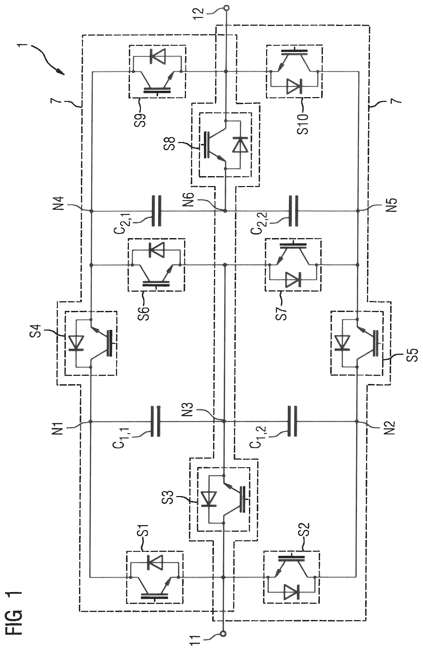 Patent US12316242 Figure 1 – Submodule as a hybrid cell for a modular multilevel converter