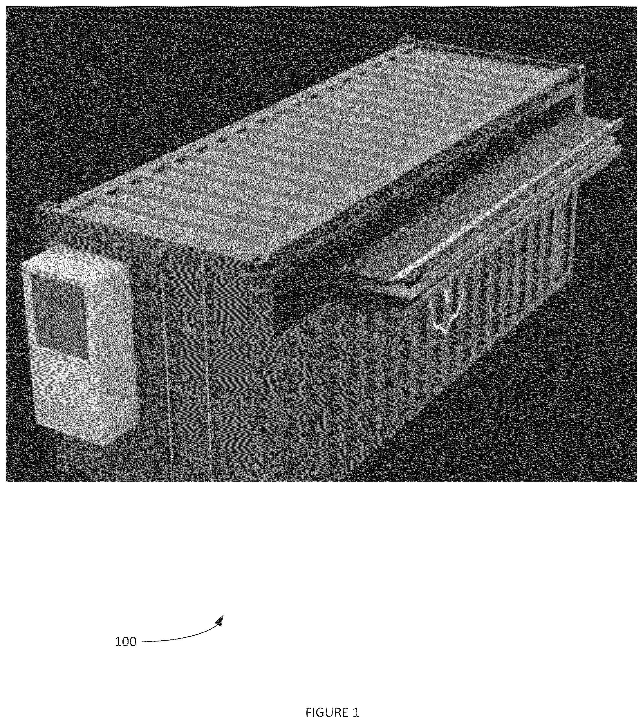 Patent US12316270 Figure 1 – Solar axis tracking system for portable container unit with retractable photovoltaic solar panels