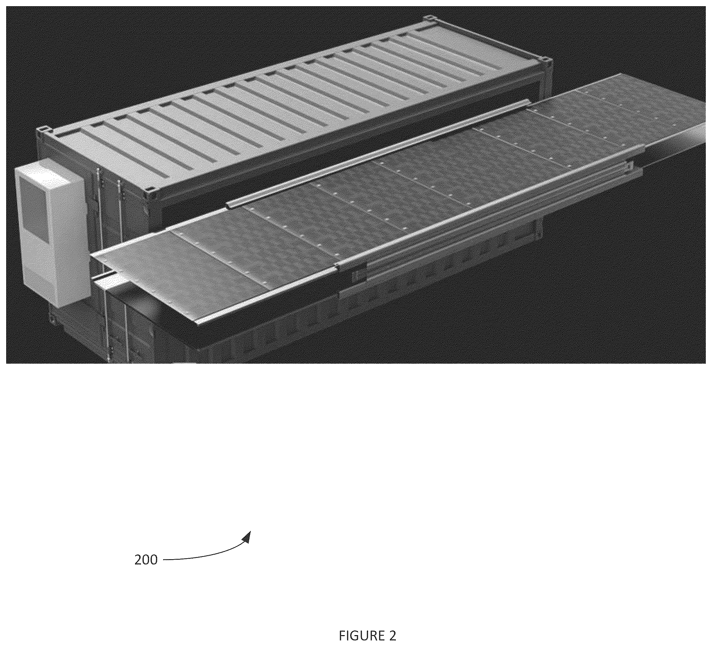 Patent US12316270 Figure 2 – Solar axis tracking system for portable container unit with retractable photovoltaic solar panels