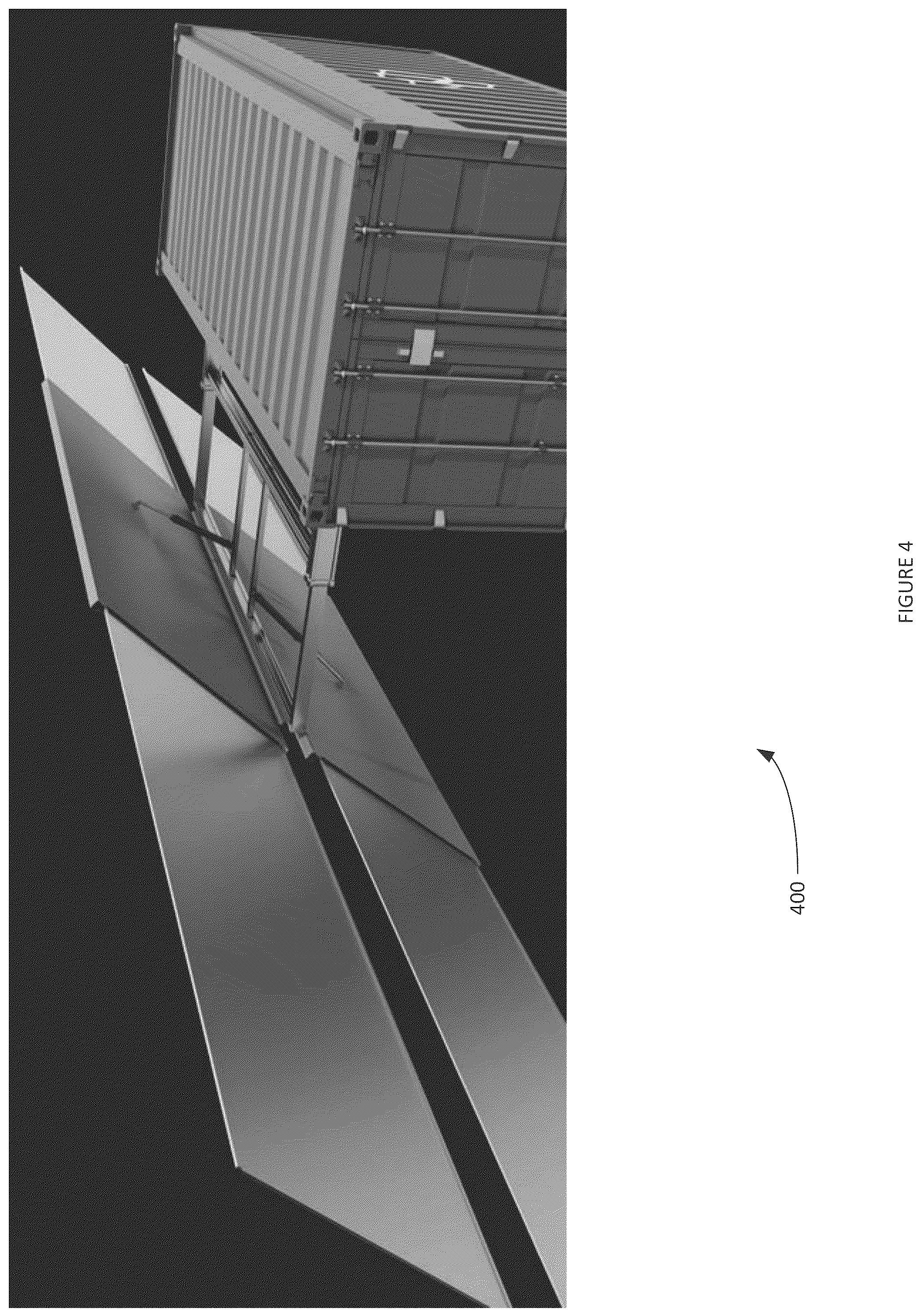 Patent US12316270 Figure 4 – Solar axis tracking system for portable container unit with retractable photovoltaic solar panels