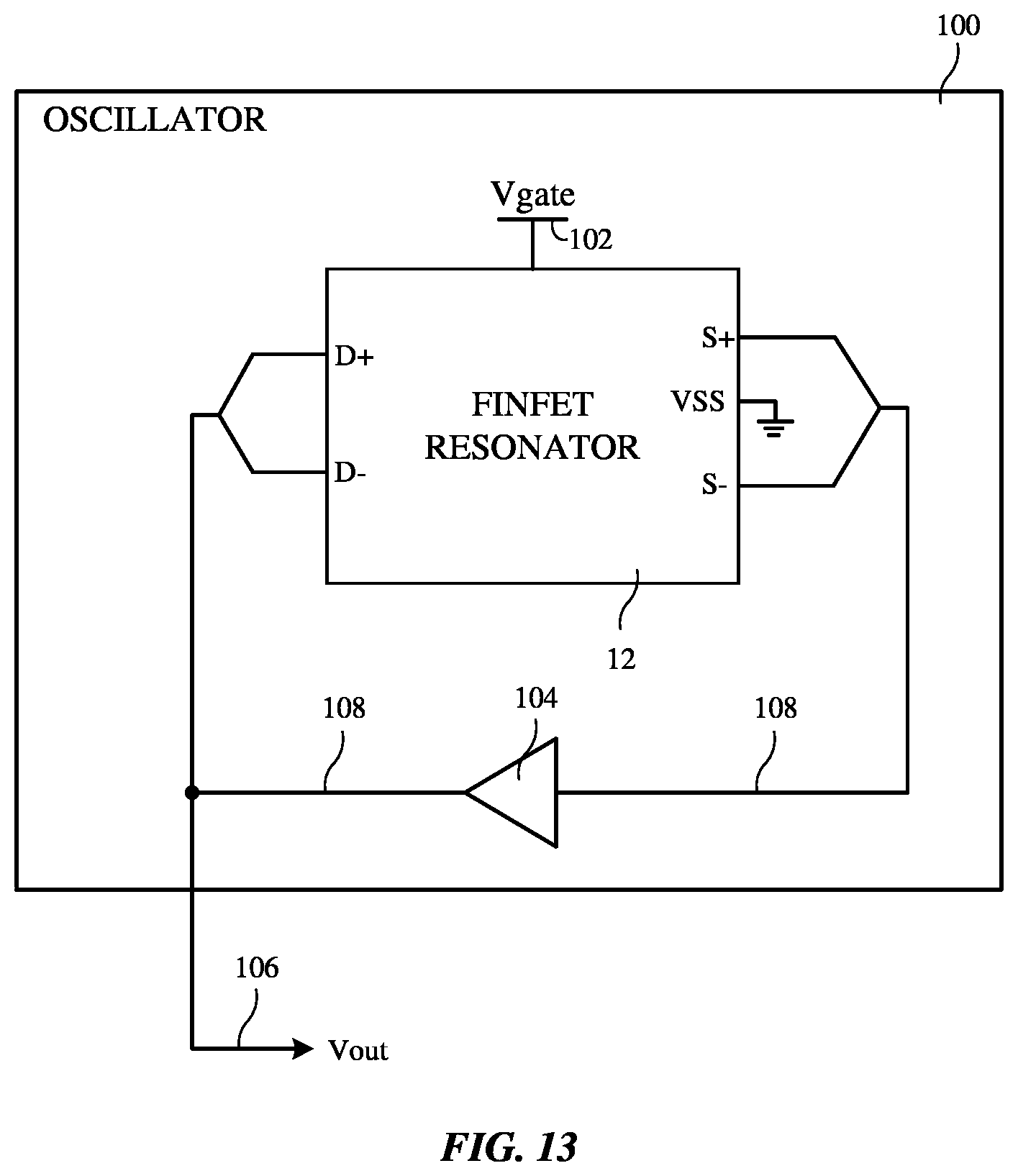 Patent US12316276 Figure 13 – Oscillator with fin field-effect transistor (FinFET) resonator