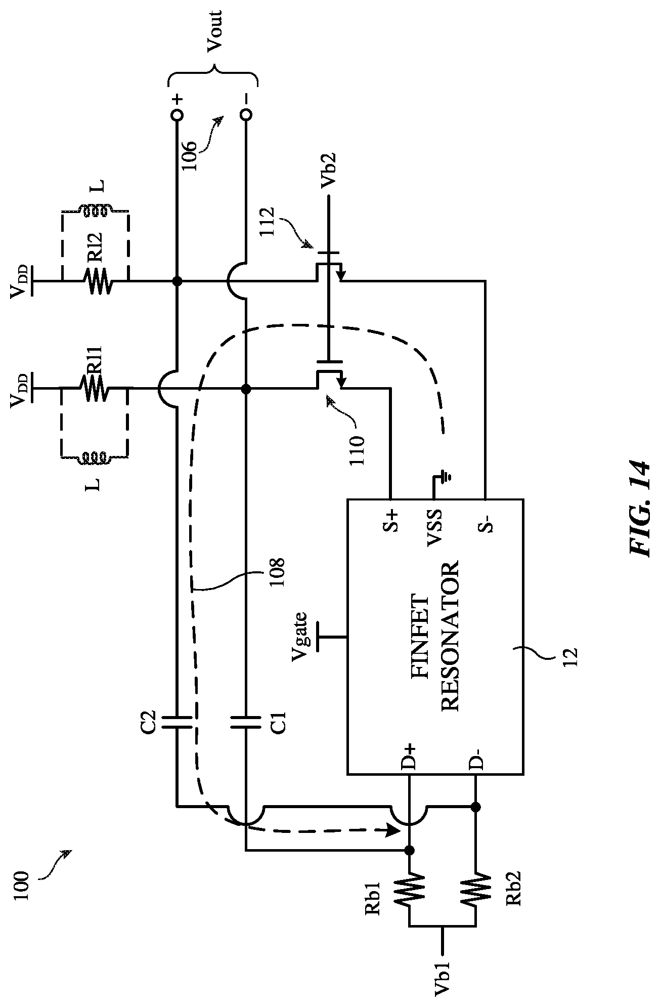 Patent US12316276 Figure 14 – Oscillator with fin field-effect transistor (FinFET) resonator