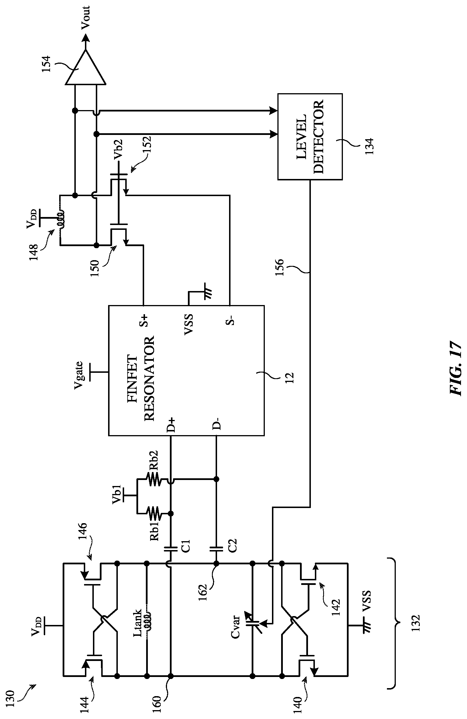 Patent US12316276 Figure 17 – Oscillator with fin field-effect transistor (FinFET) resonator