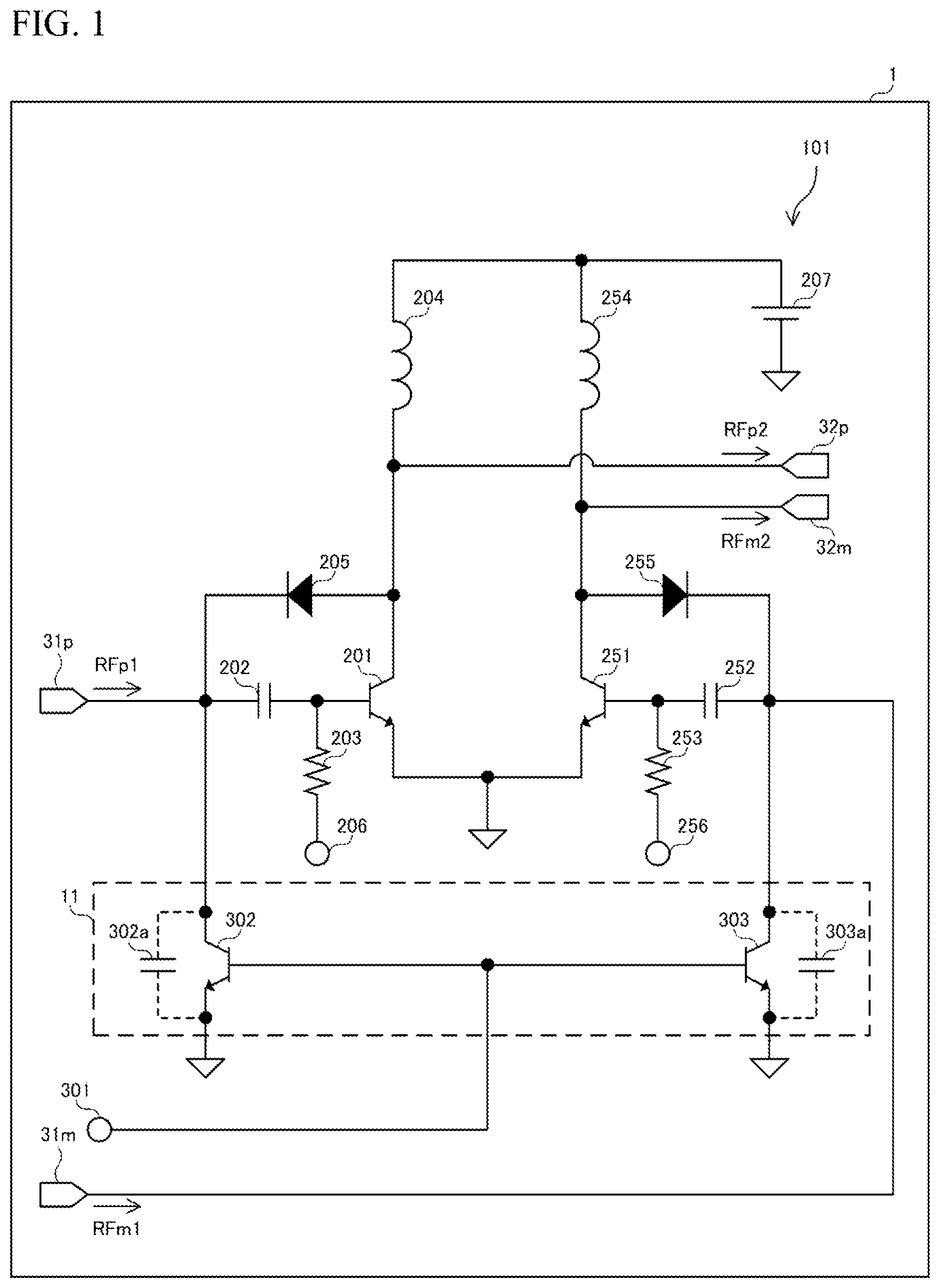 Patent US12316280 Figure 1 – Power amplifier circuit, doherty amplifier circuit, multistage amplifier circuit, and power amplifier apparatus