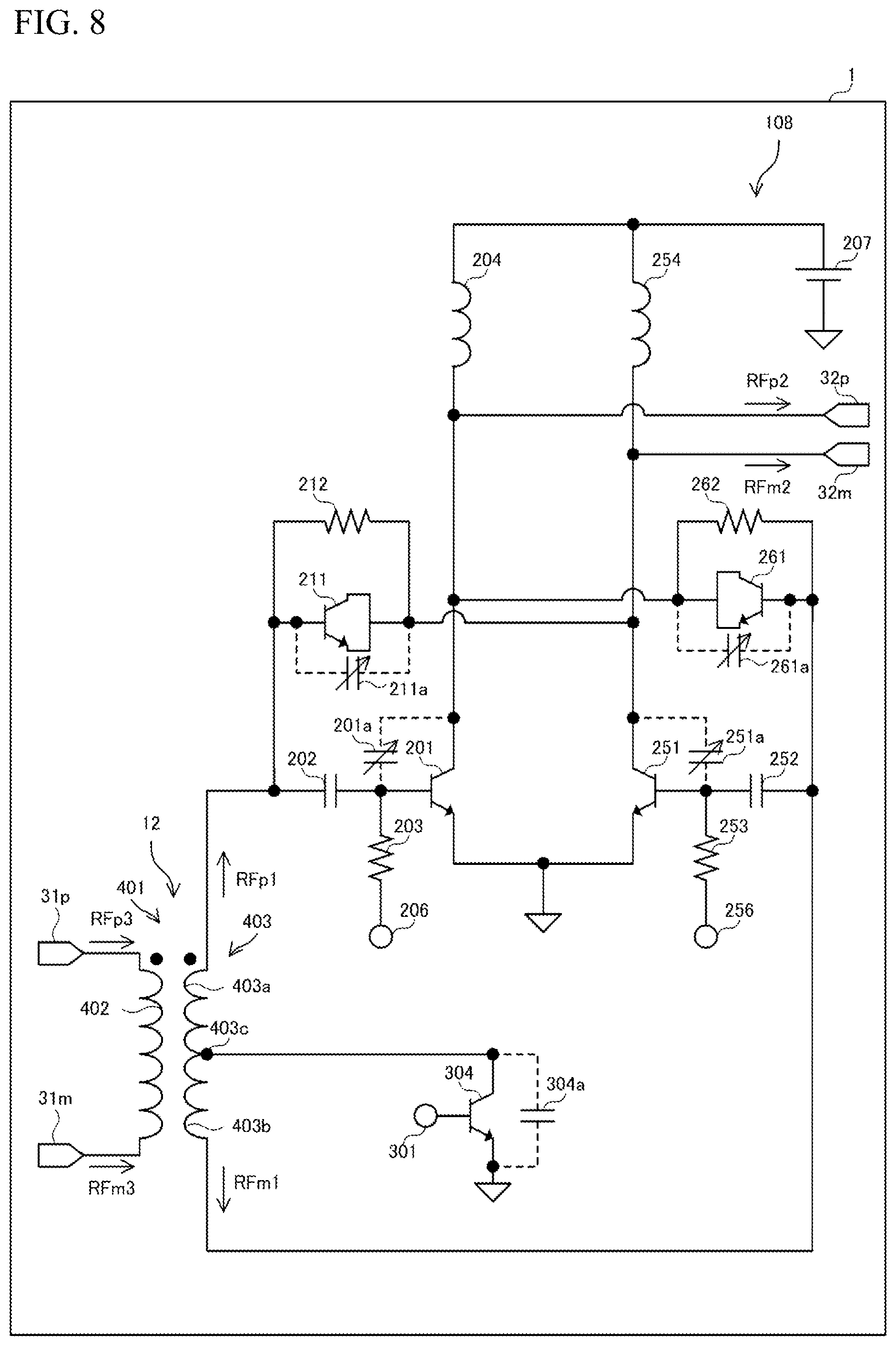 Patent US12316280 Figure 8 – Power amplifier circuit, doherty amplifier circuit, multistage amplifier circuit, and power amplifier apparatus