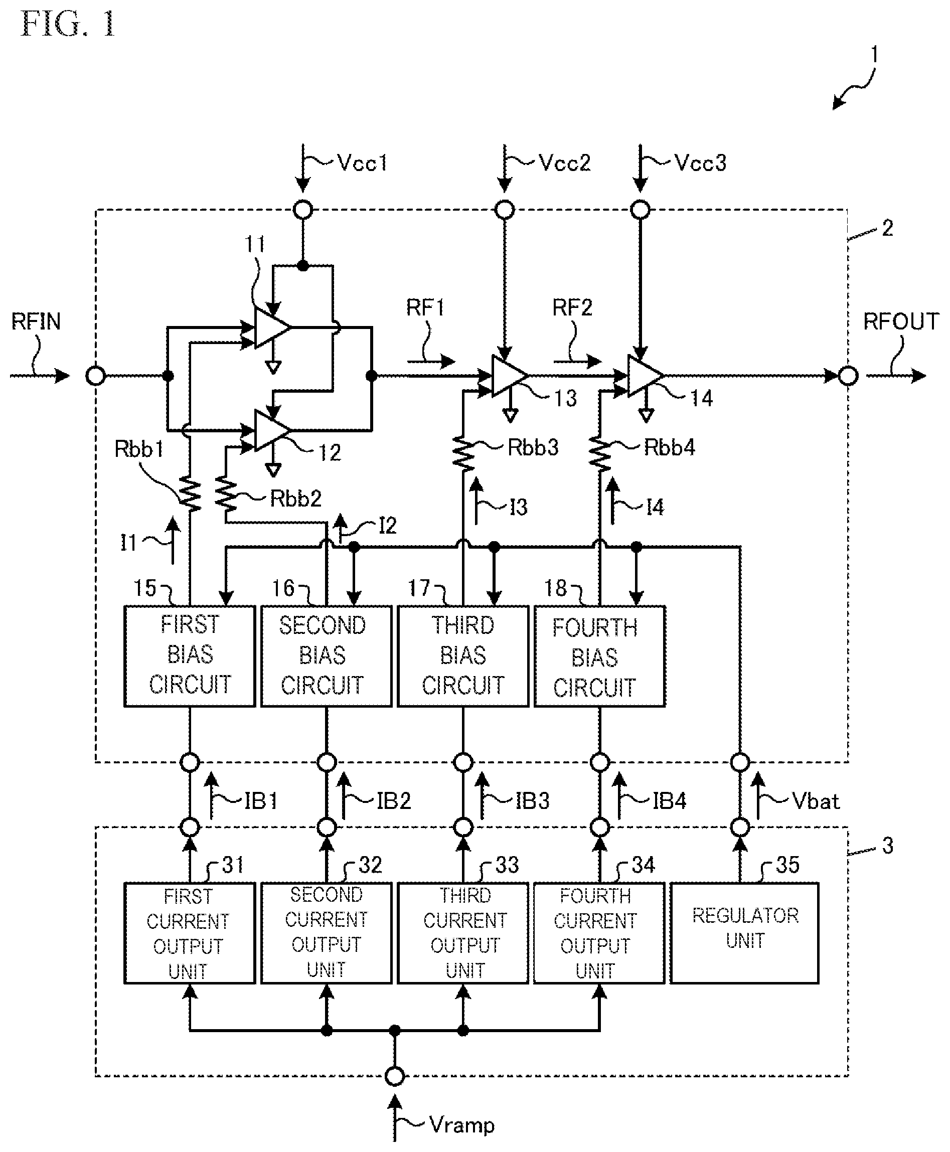 Patent US12316289 Figure 1 – Power amplifying circuit