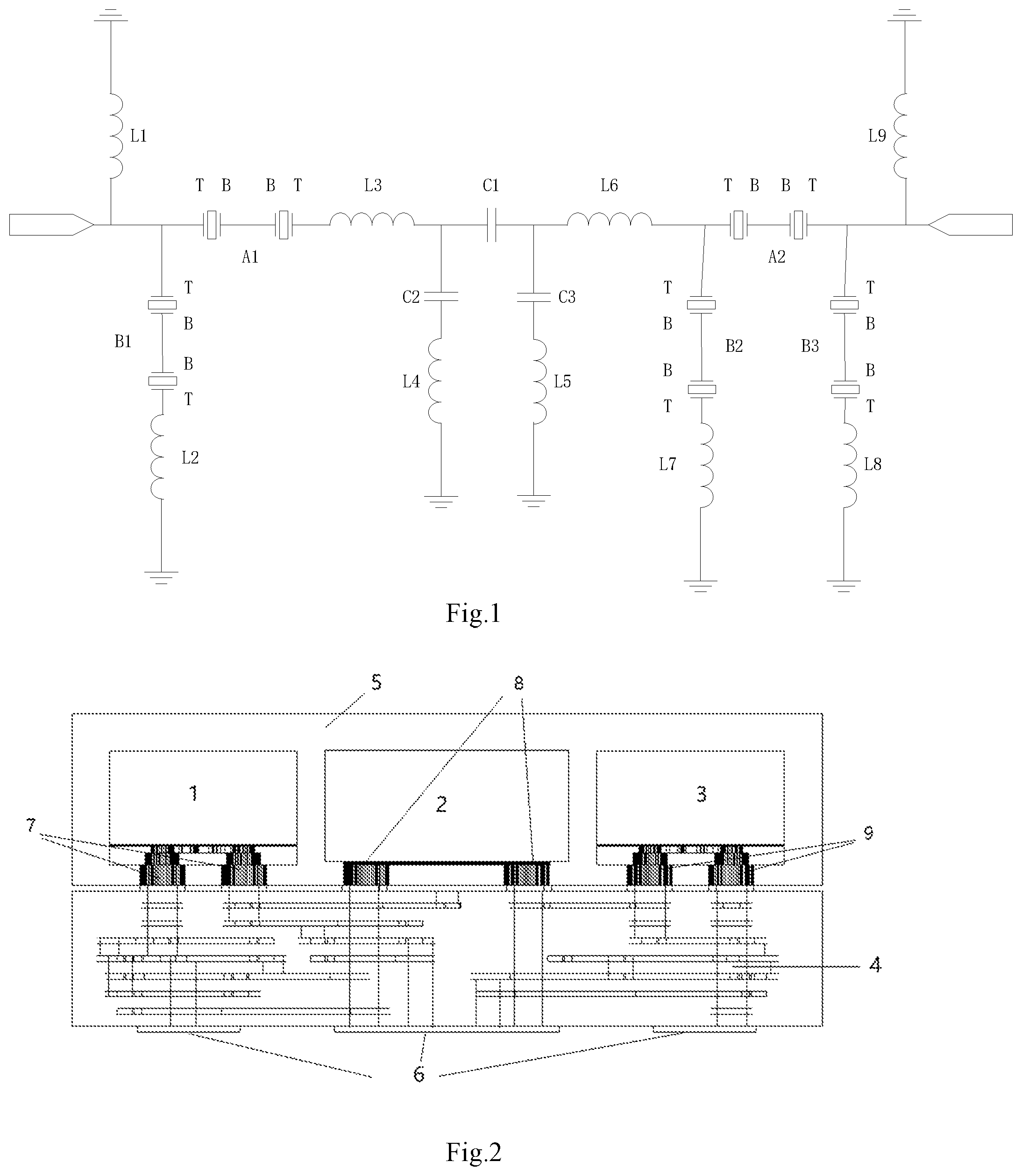Patent US12316302 — Hybrid band-pass filter with integrated passive device and acoustic resonator — Figure 1