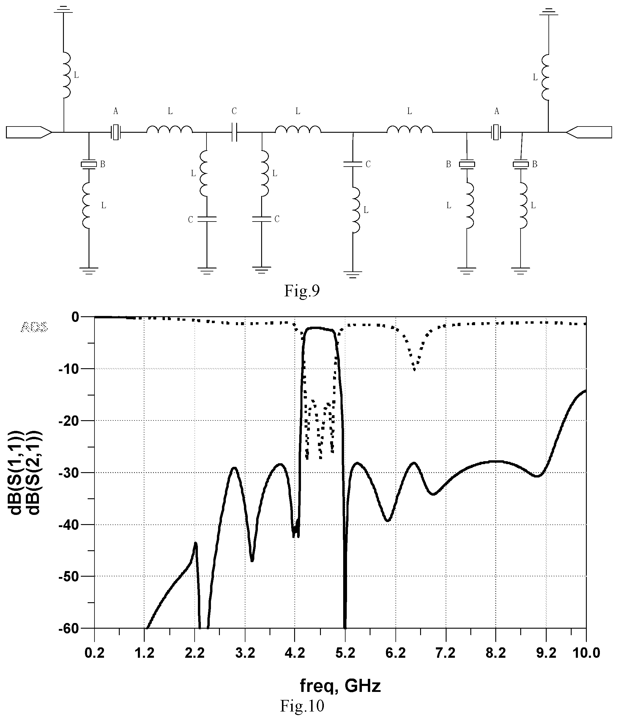 Patent US12316302 Figure 5 – Hybrid band-pass filter with integrated passive device and acoustic resonator