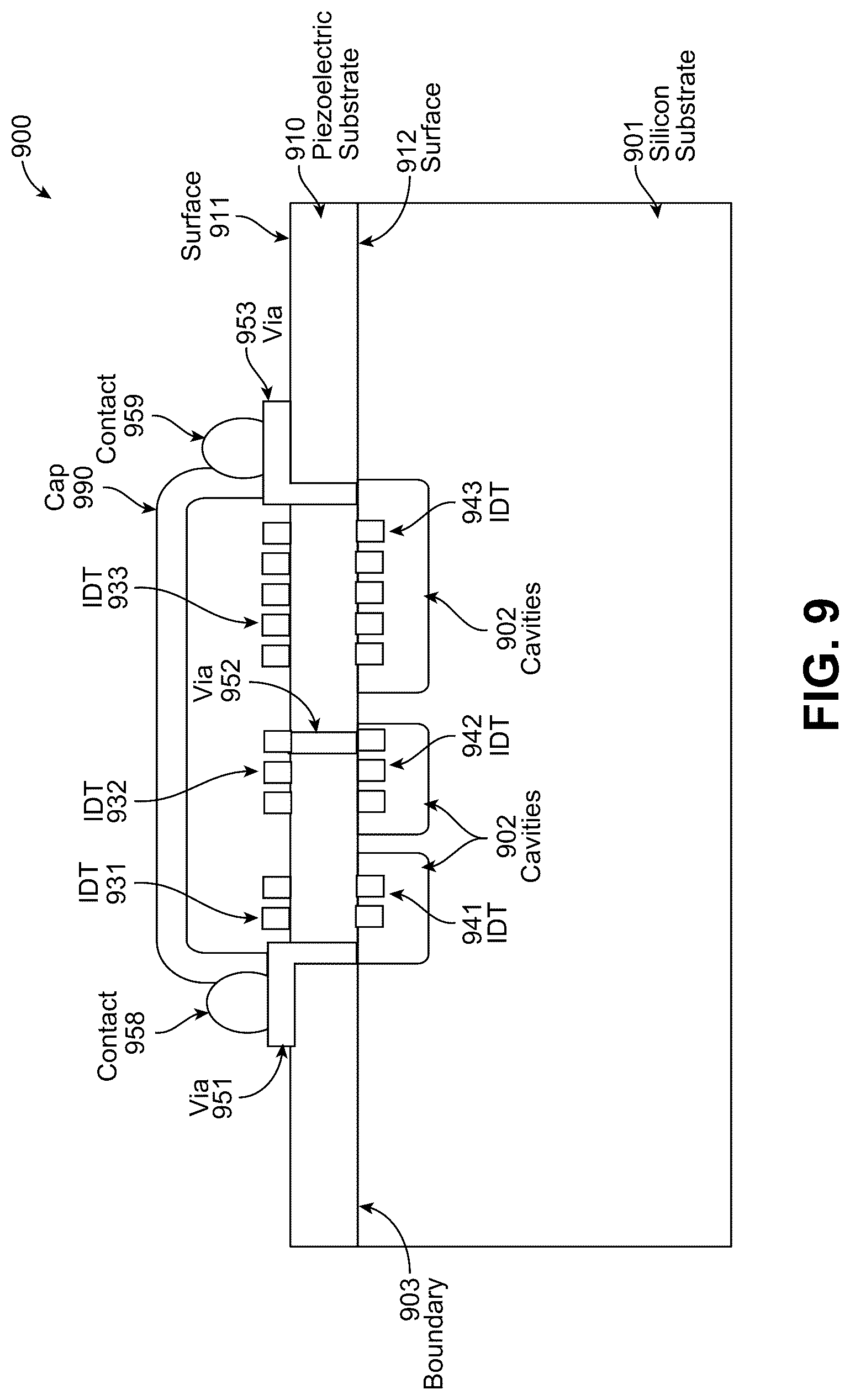 Patent US12316304 Figure 13 – Vertically coupled SAW resonators