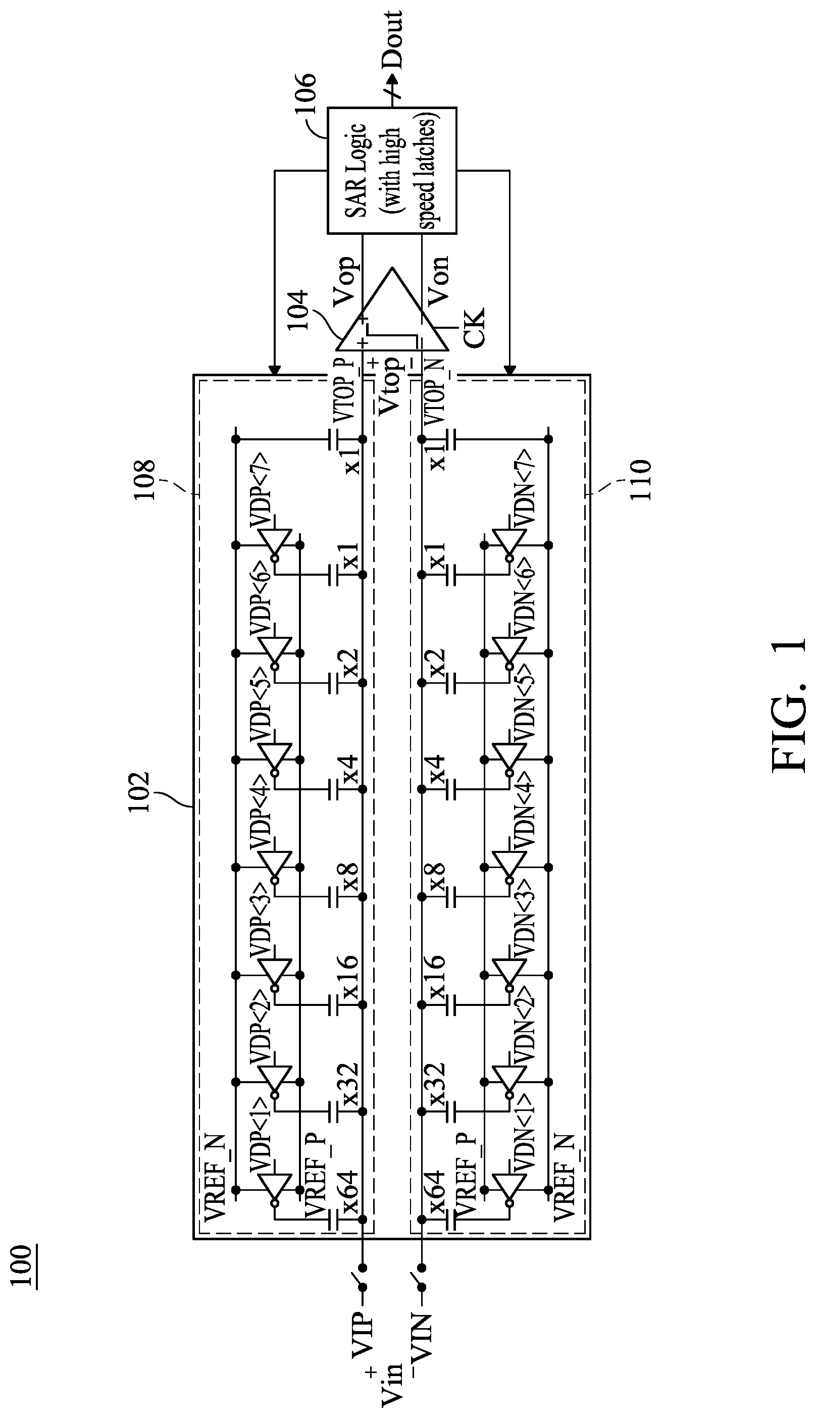 Patent US12316338 Figure 1 – High-speed successive-approximation register analog-to-digital converter