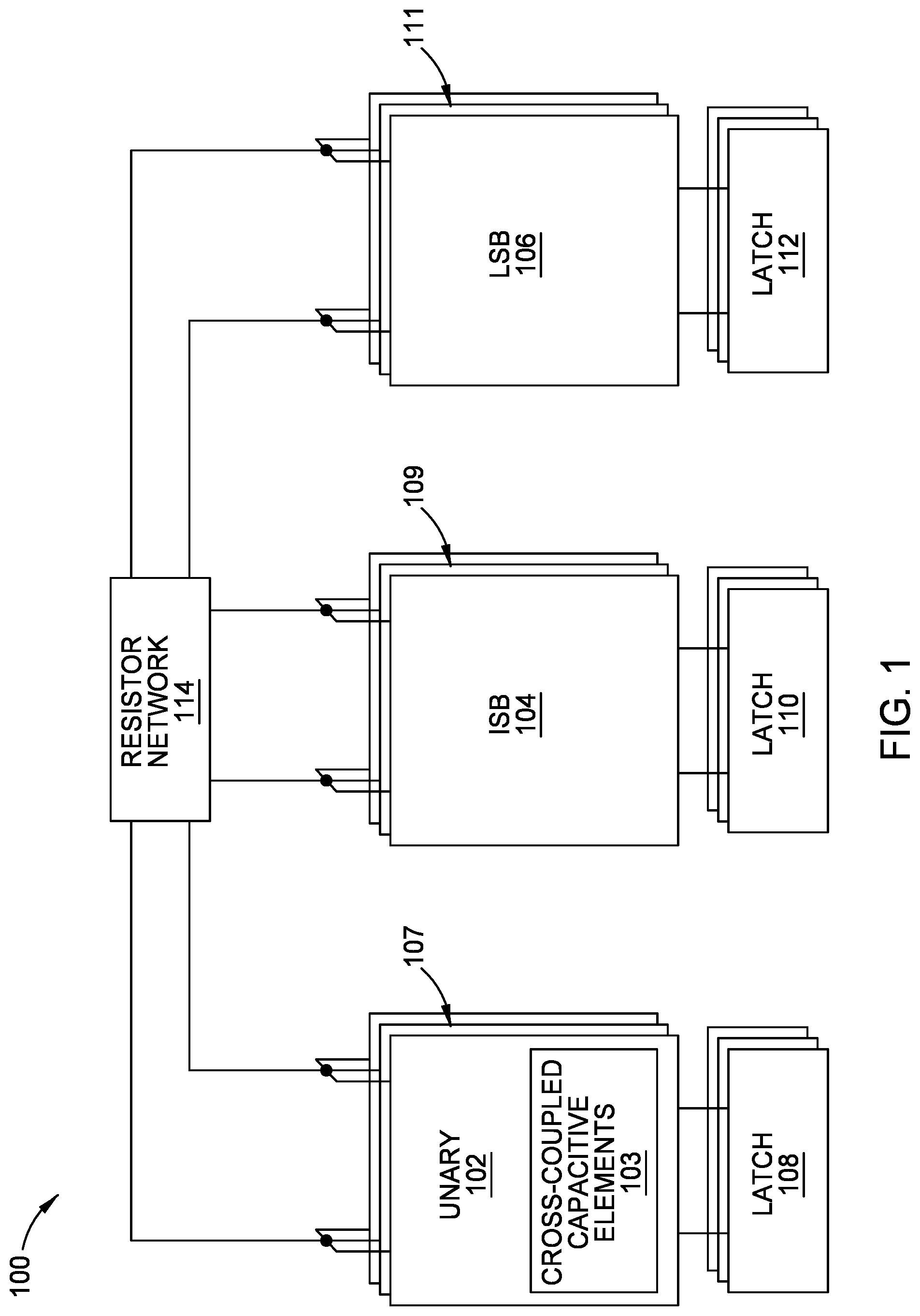 Patent US12316341 Figure 1 – Cross-coupled capacitive elements in highspeed DAC