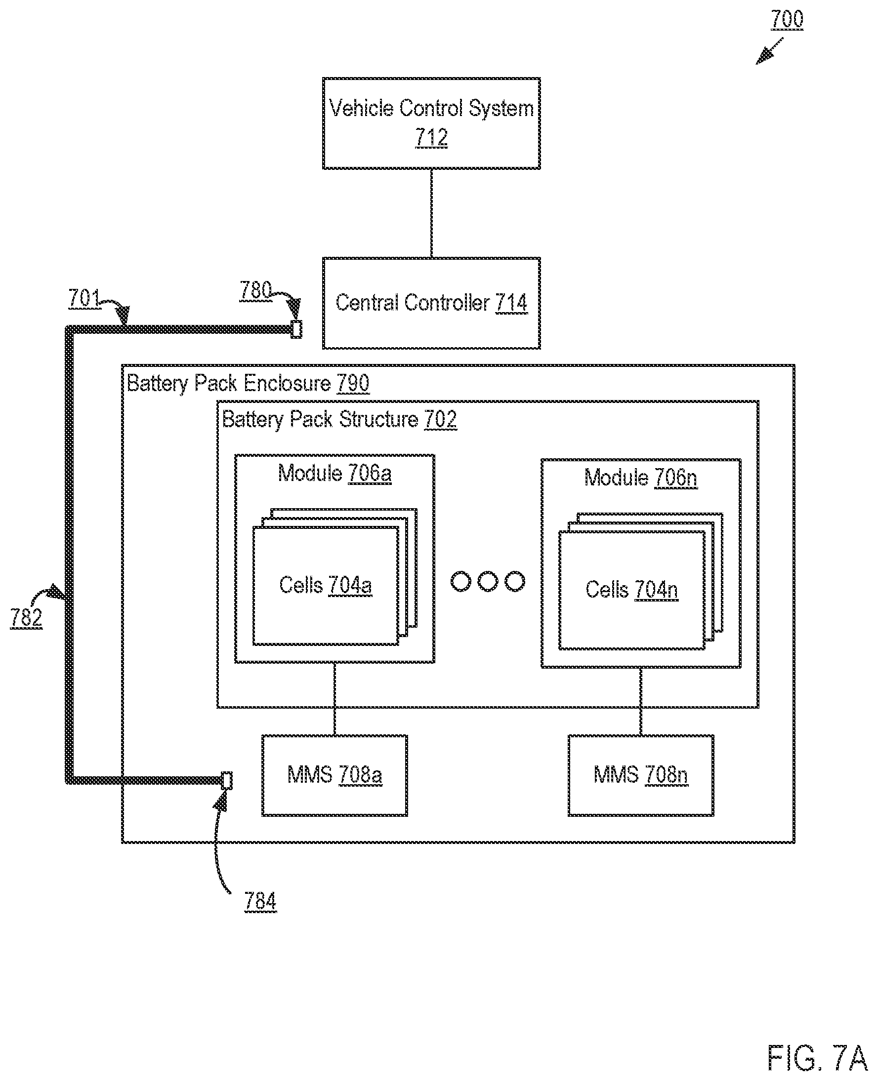 Patent US12316427 Figure 7 – Communication in a wireless battery management system for a battery pack structure