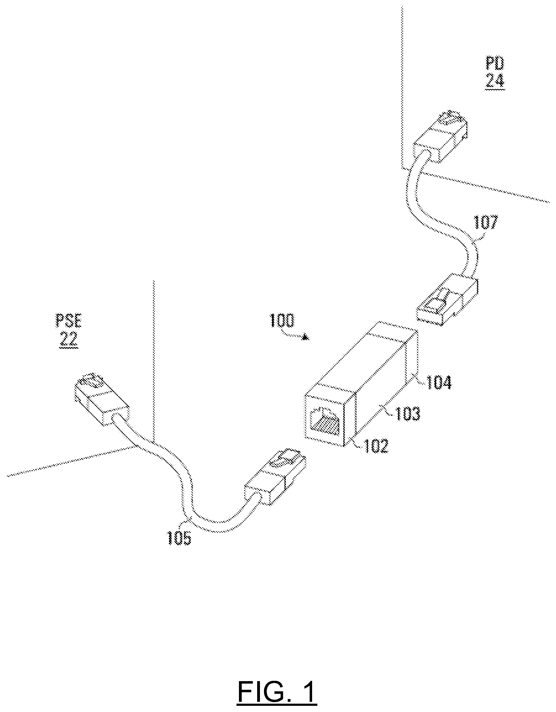 Patent US12316468 Figure 1 – Intermediary device for daisy chain and tree configuration in hybrid data/power connection