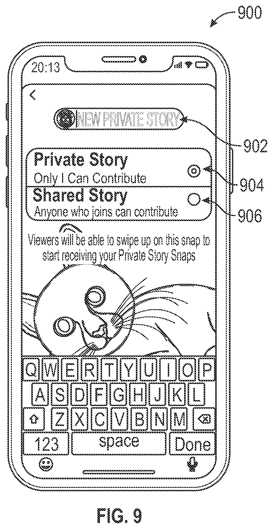 Patent US12316587 Figure 9 – Invitation media overlays for private collections of media content items
