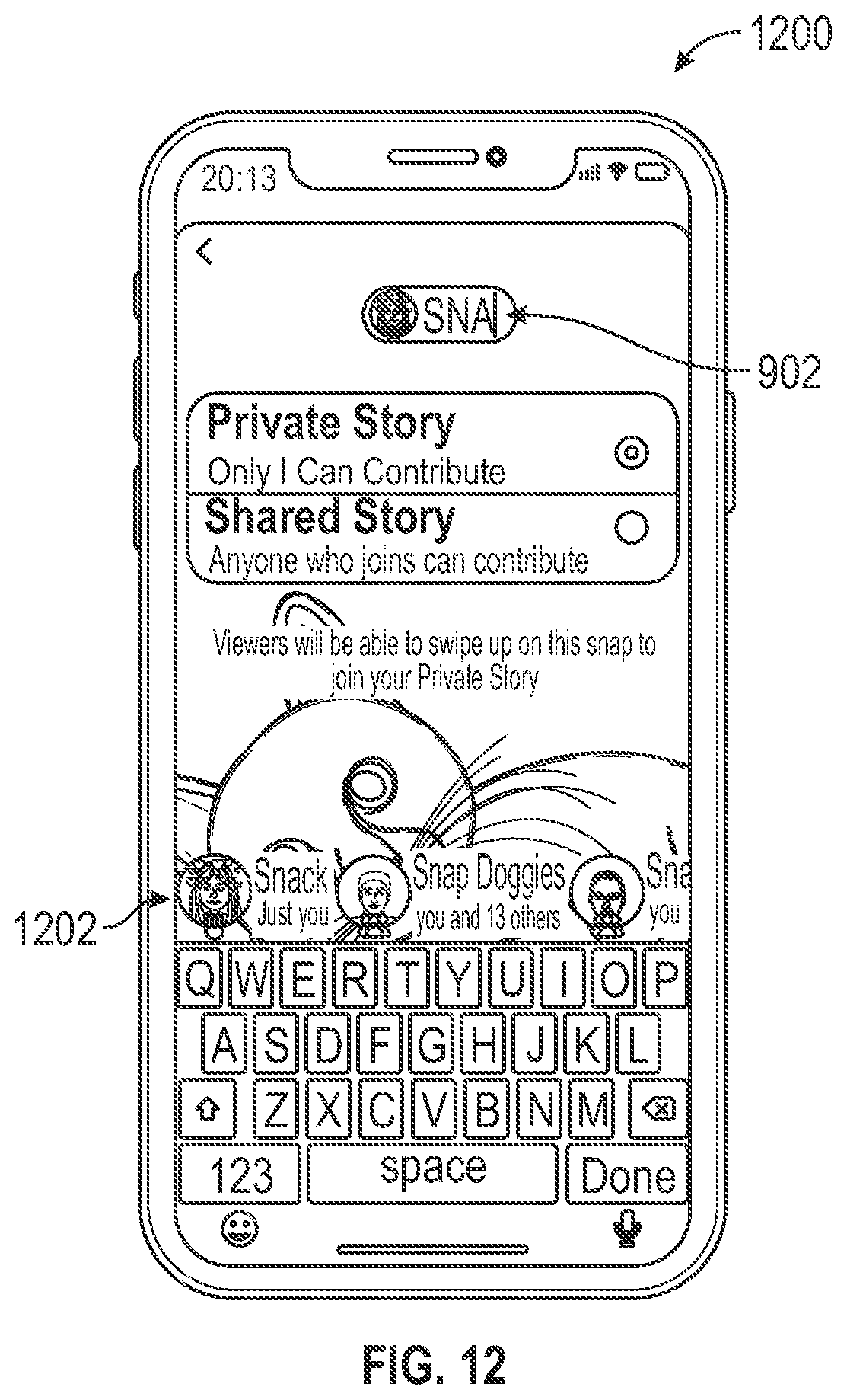 Patent US12316587 Figure 12 – Invitation media overlays for private collections of media content items