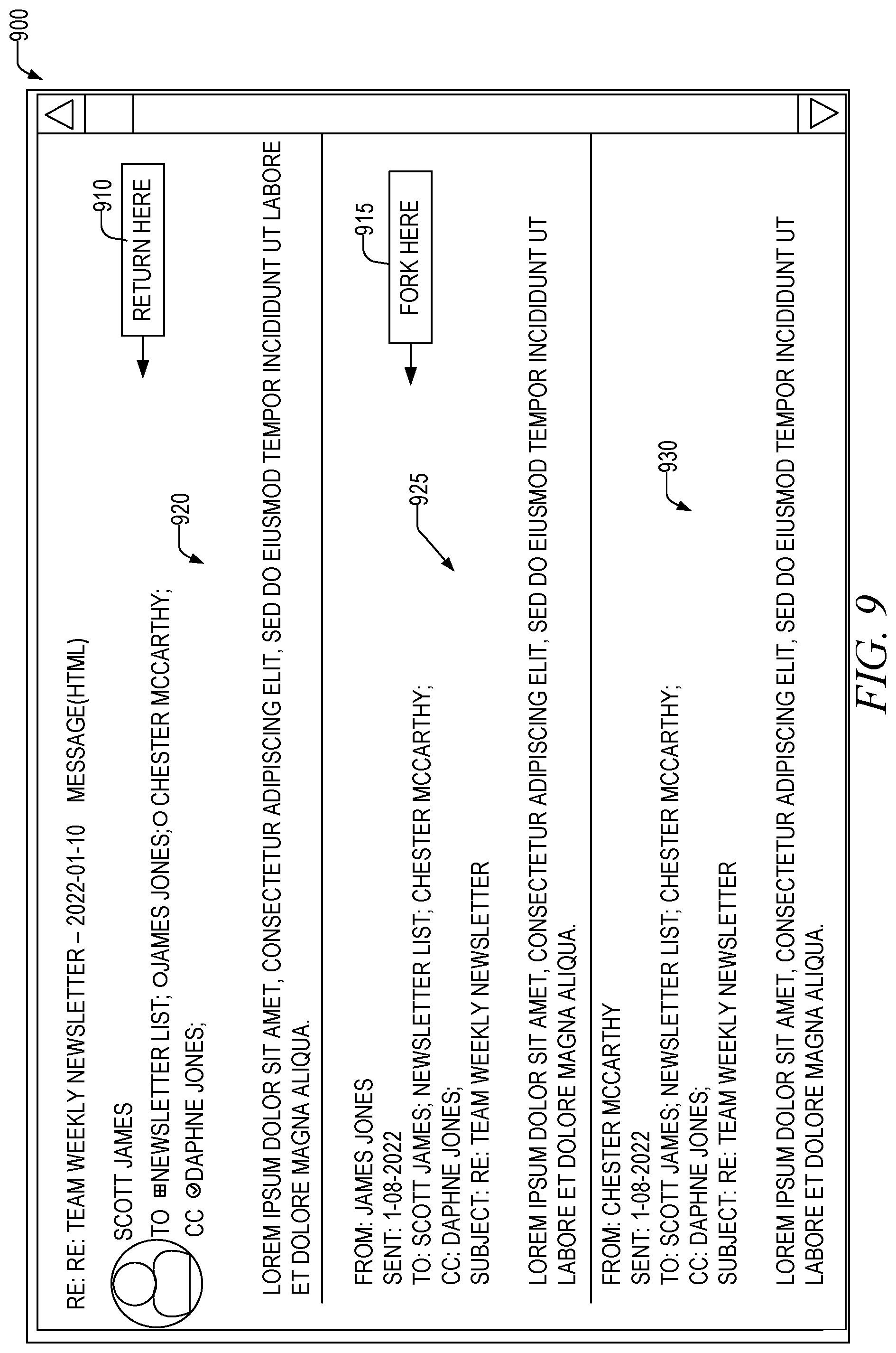 Patent US12316593 Figure 9 – Fork and return point selection for sidebar communication threads