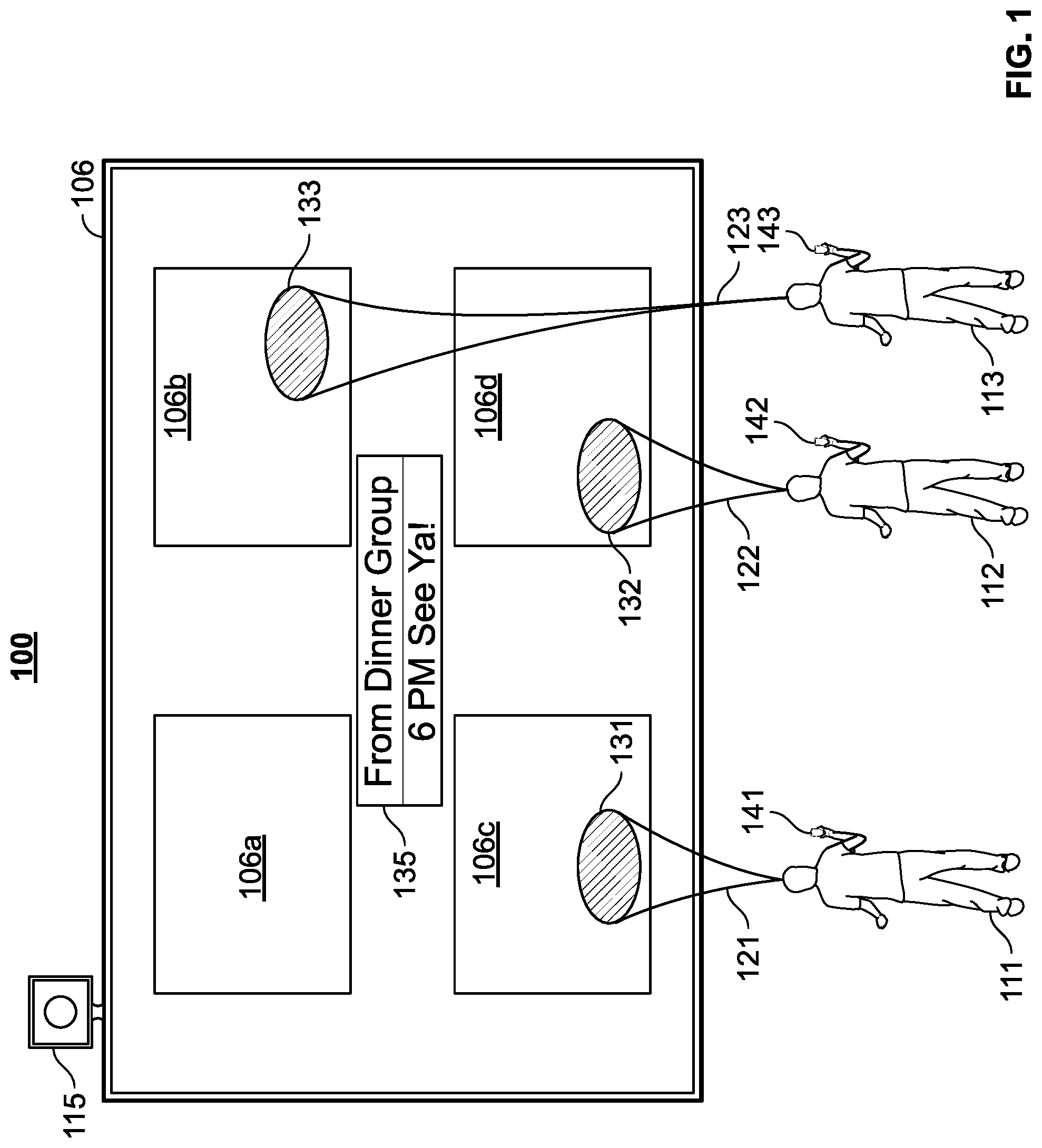 Patent US12316595 Figure 1 – Systems and methods for displaying a notification at an area on a display screen that is within a line of sight of a subset of audience members to whom the notification pertains