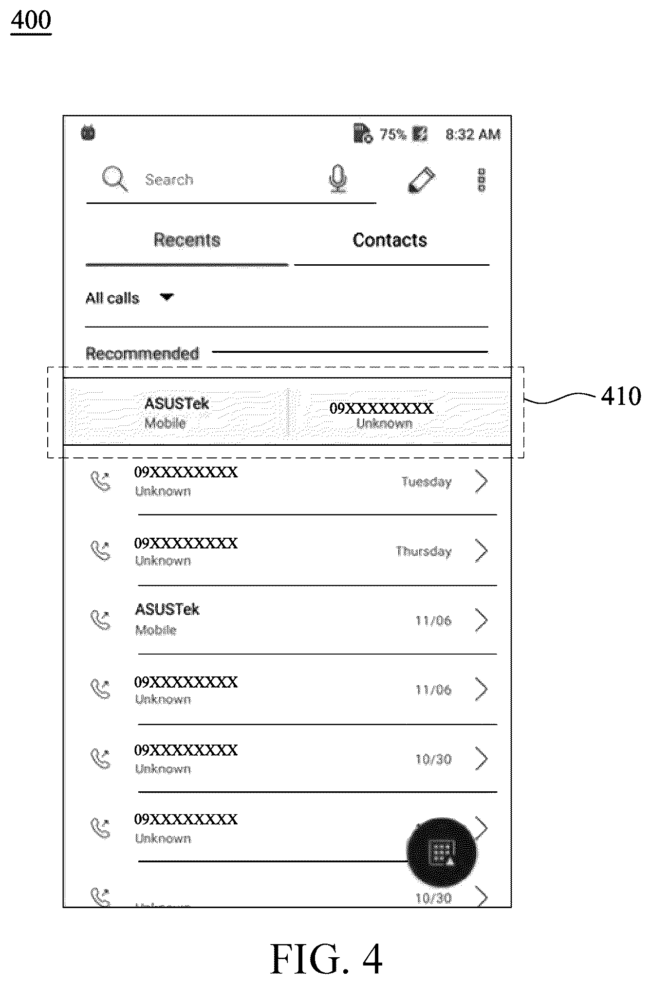 Patent US12316798 Figure 4 – Smart dialing recommendation method, non-transitory computer-readable medium, and mobile device