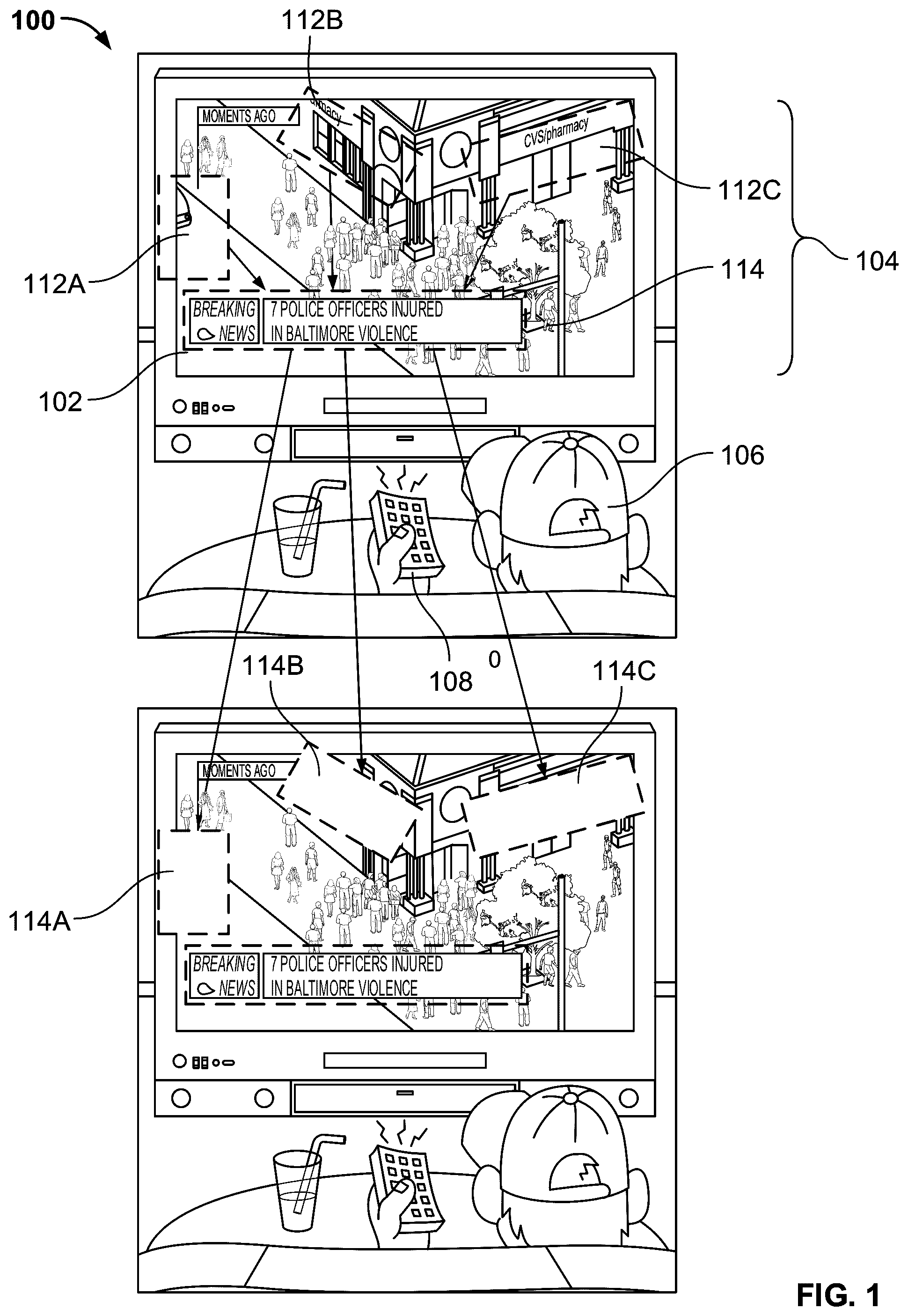 Patent US12316912 Figure 1 – Masking brands and businesses in content