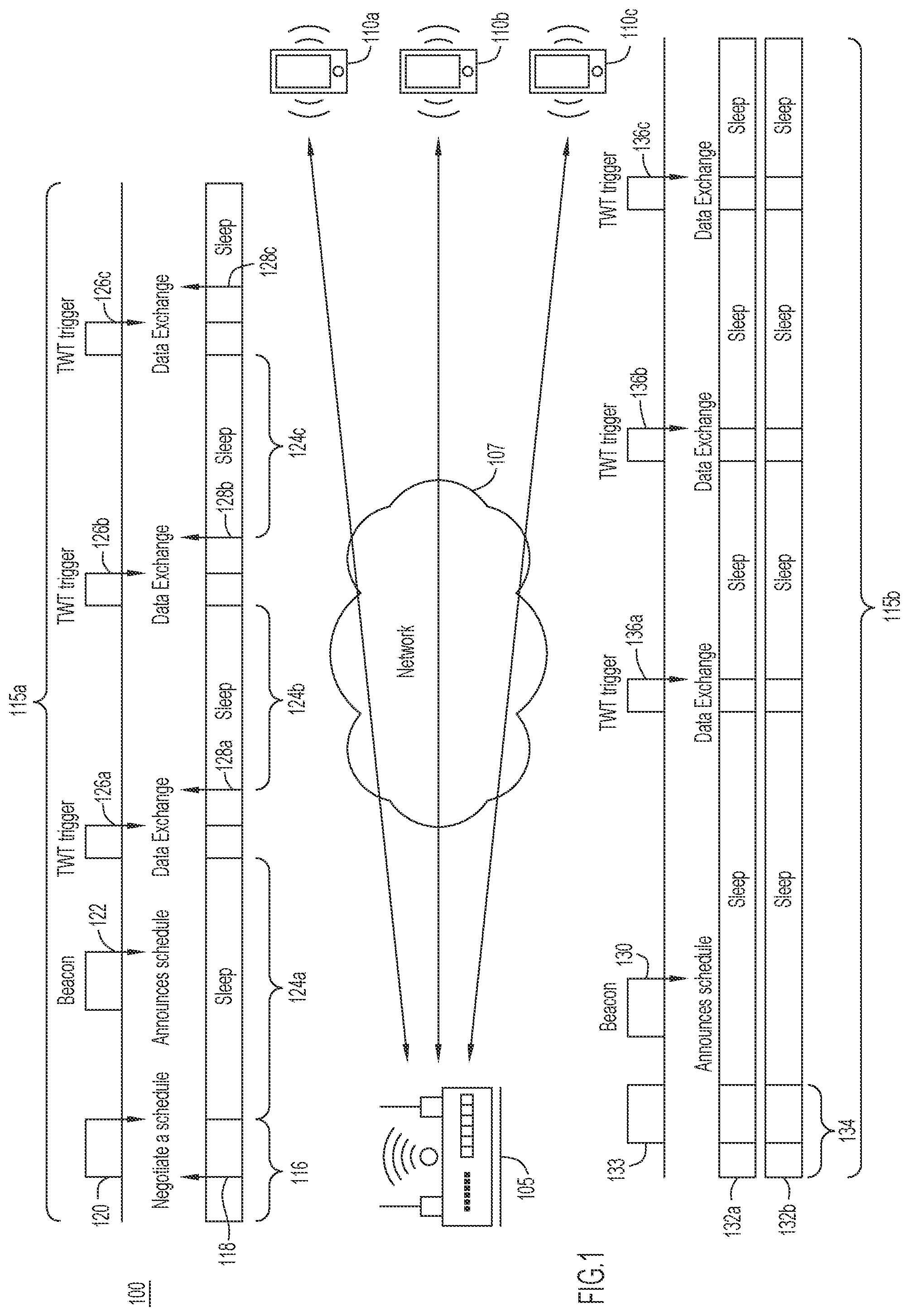Patent US12317190 Figure 1 – Extending target wake time for randomized and changing media access control address signaling