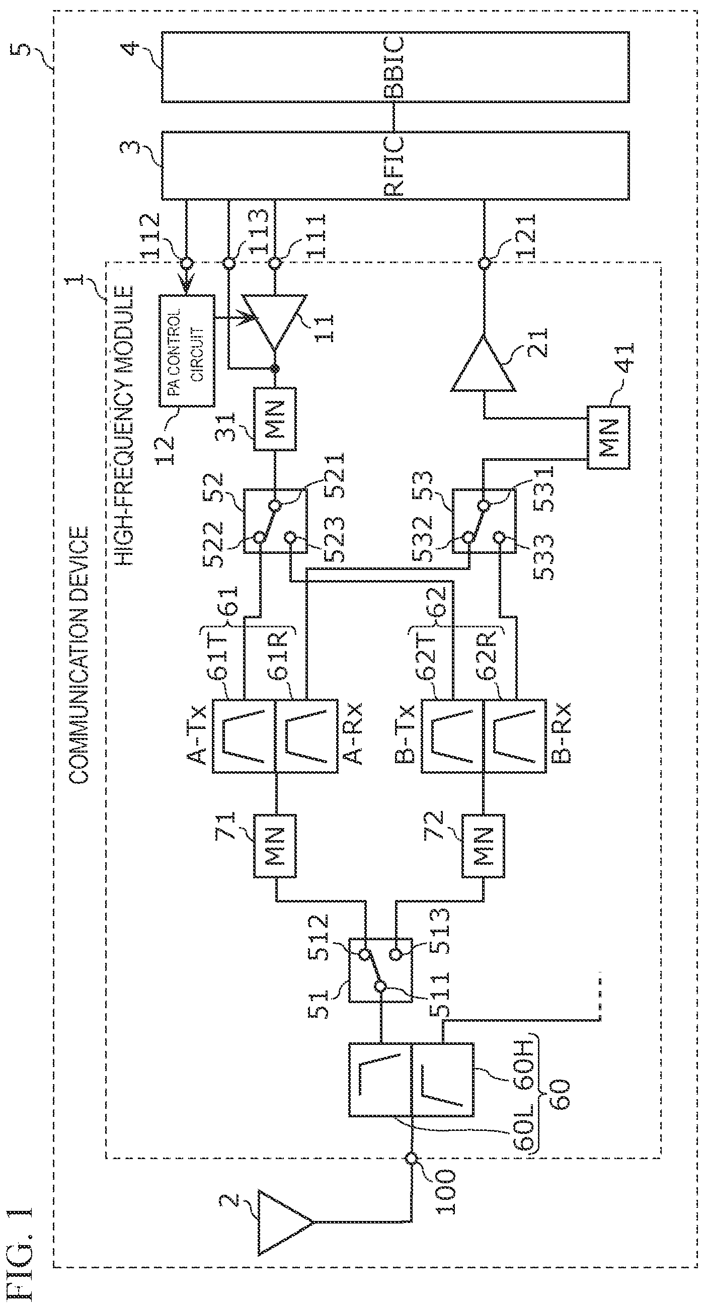 Patent US12317412 Figure 1 – High-frequency module and communication device