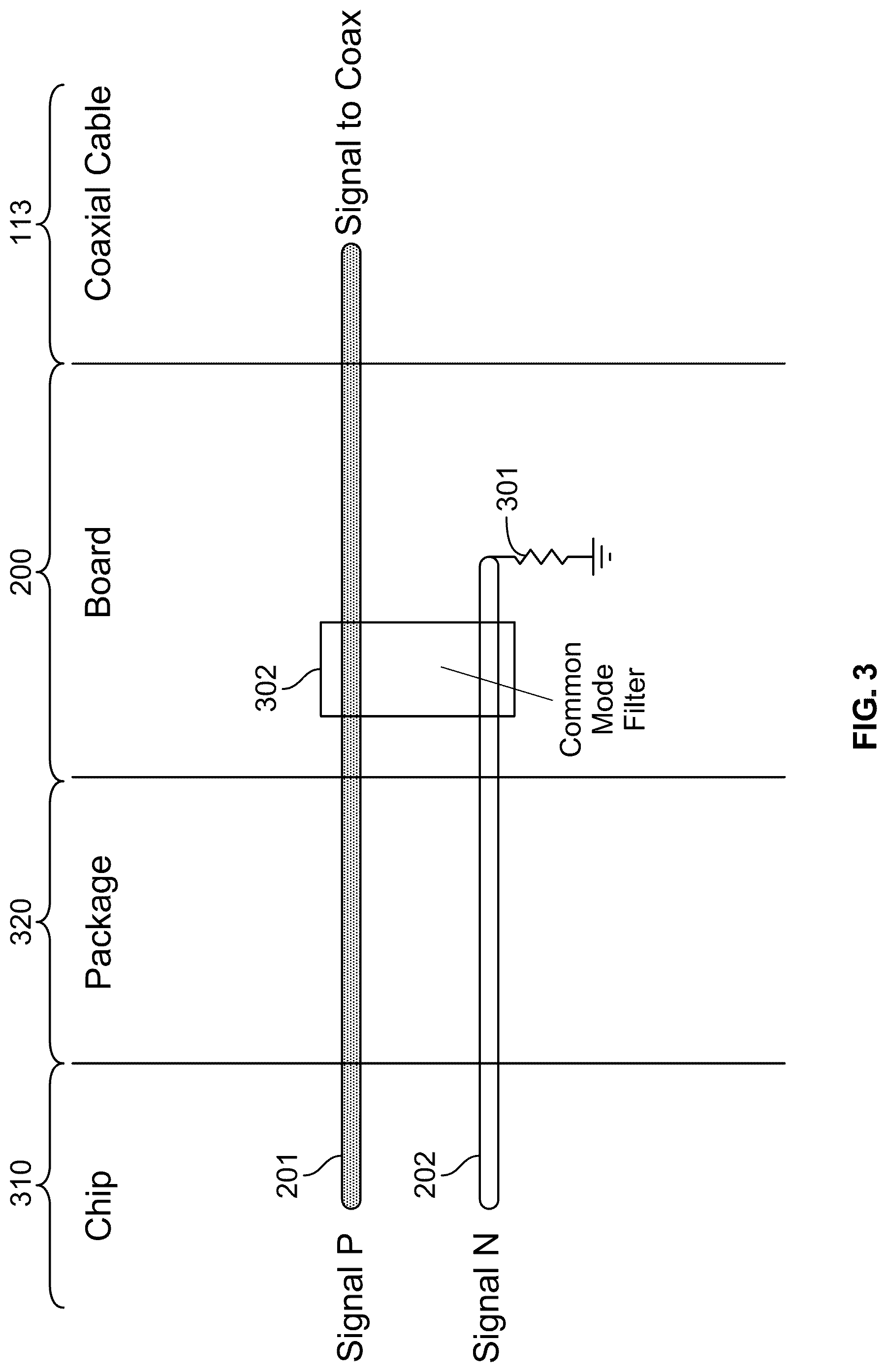 Patent US12317414 Figure 3 – Common-mode filtering for converting differential signaling to single-ended signaling