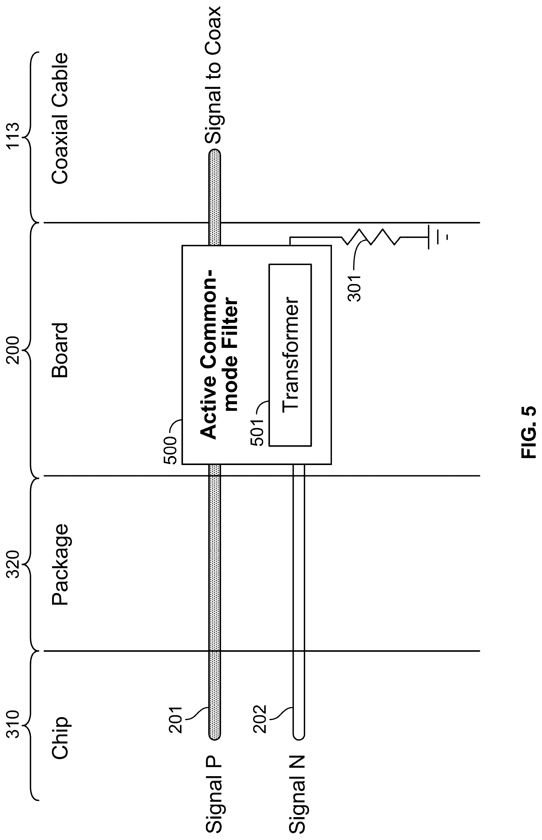 Patent US12317414 Figure 5 – Common-mode filtering for converting differential signaling to single-ended signaling