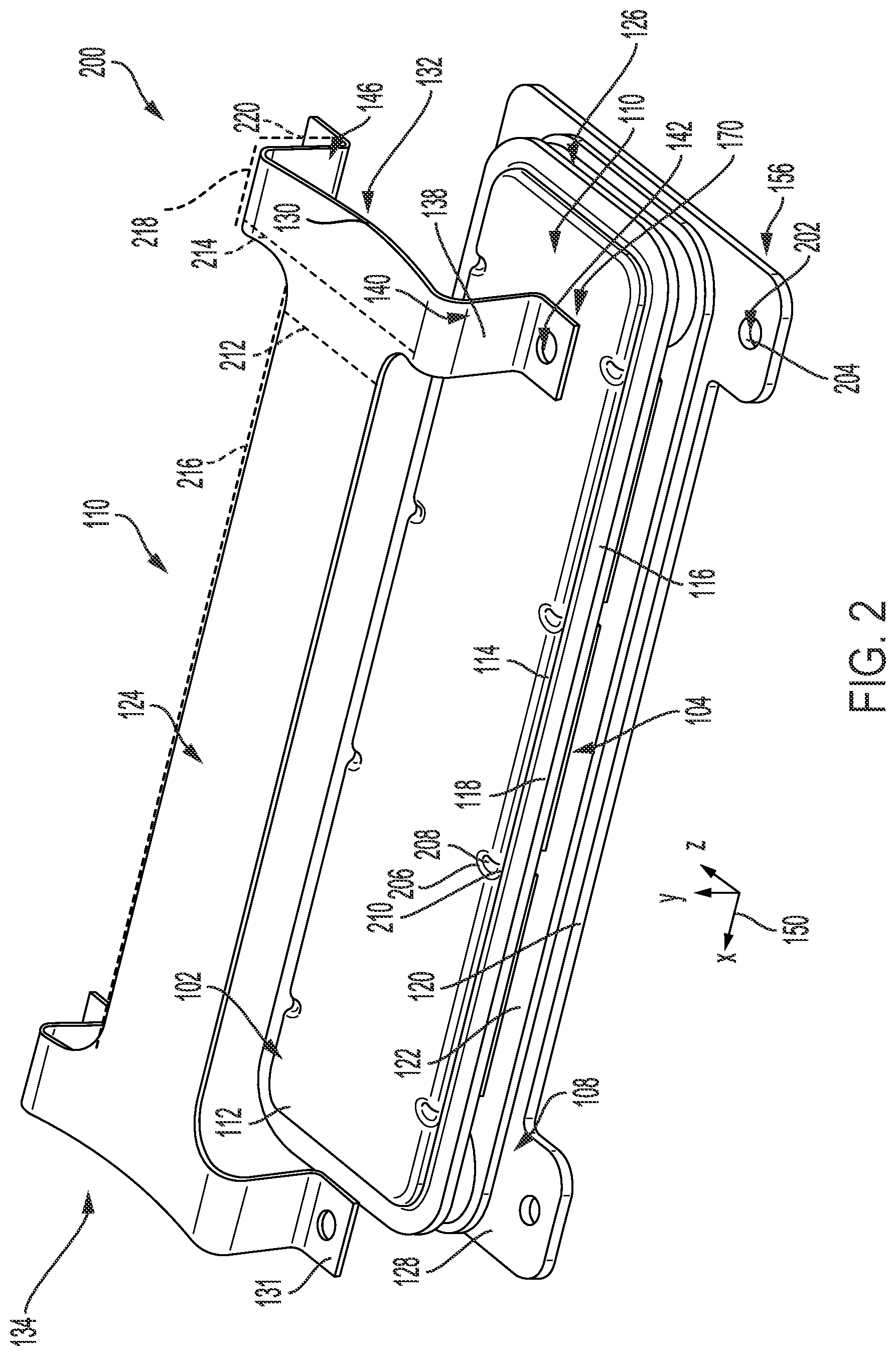 Patent US12317457 Figure 2 – Systems for a heat exchanger with a biasing bracket and mounting plate