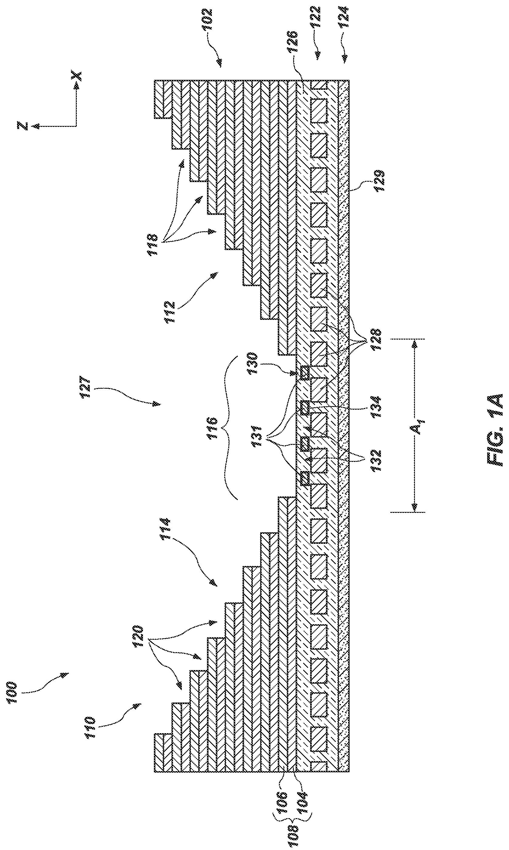 Patent US12317498 Figure 1 – Microelectronic devices including staircase structures
