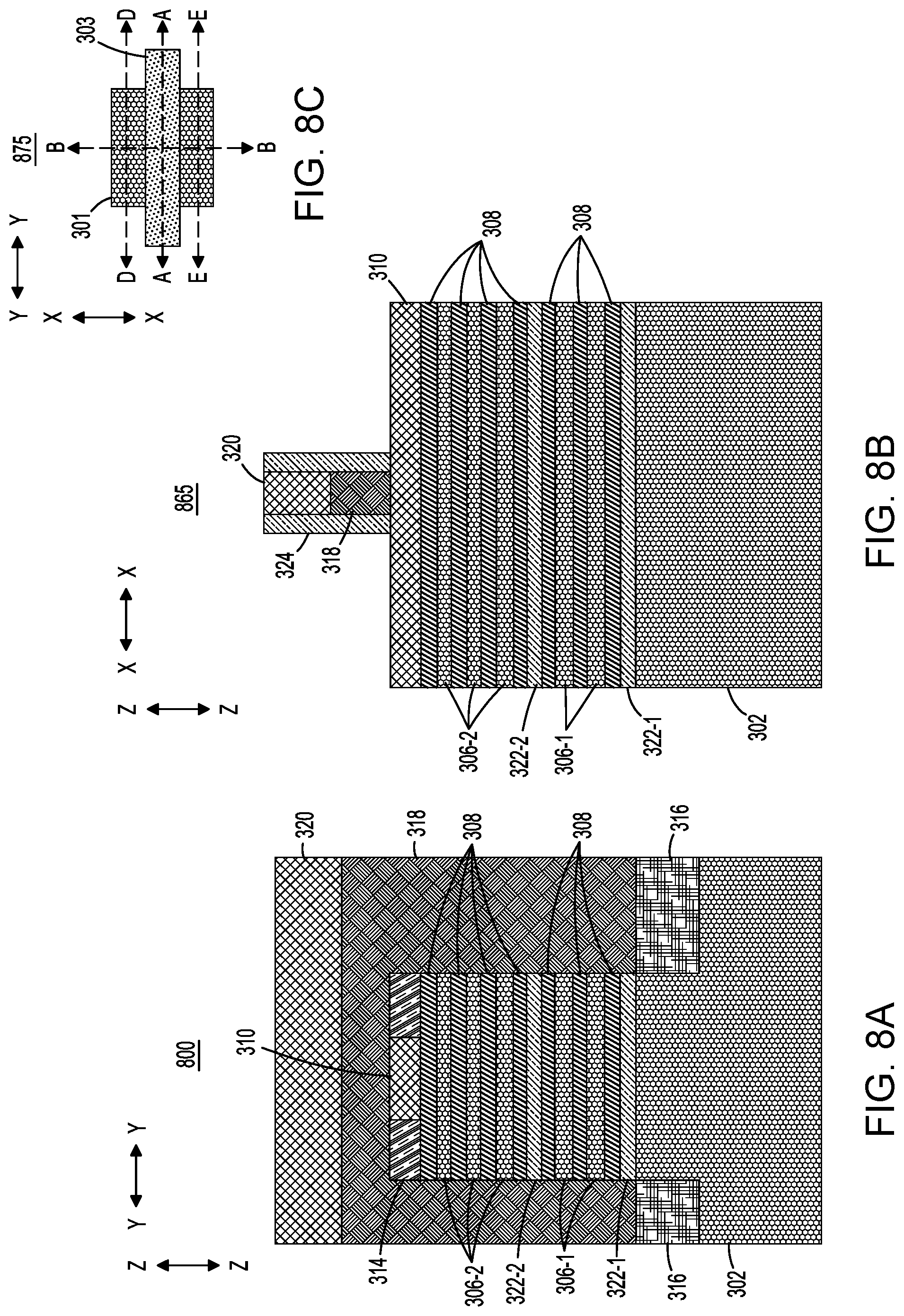 Patent US12317514 Figure 8 – Resistive random-access memory structures with stacked transistors