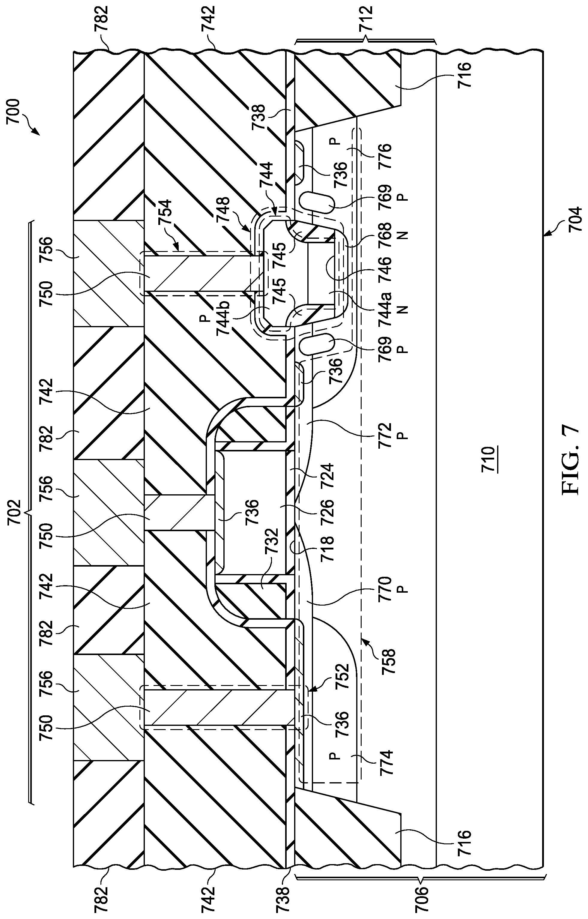 Patent US12317539 Figure 7 – Hybrid component with silicon and wide bandgap semiconductor material in silicon recess with nitride spacer