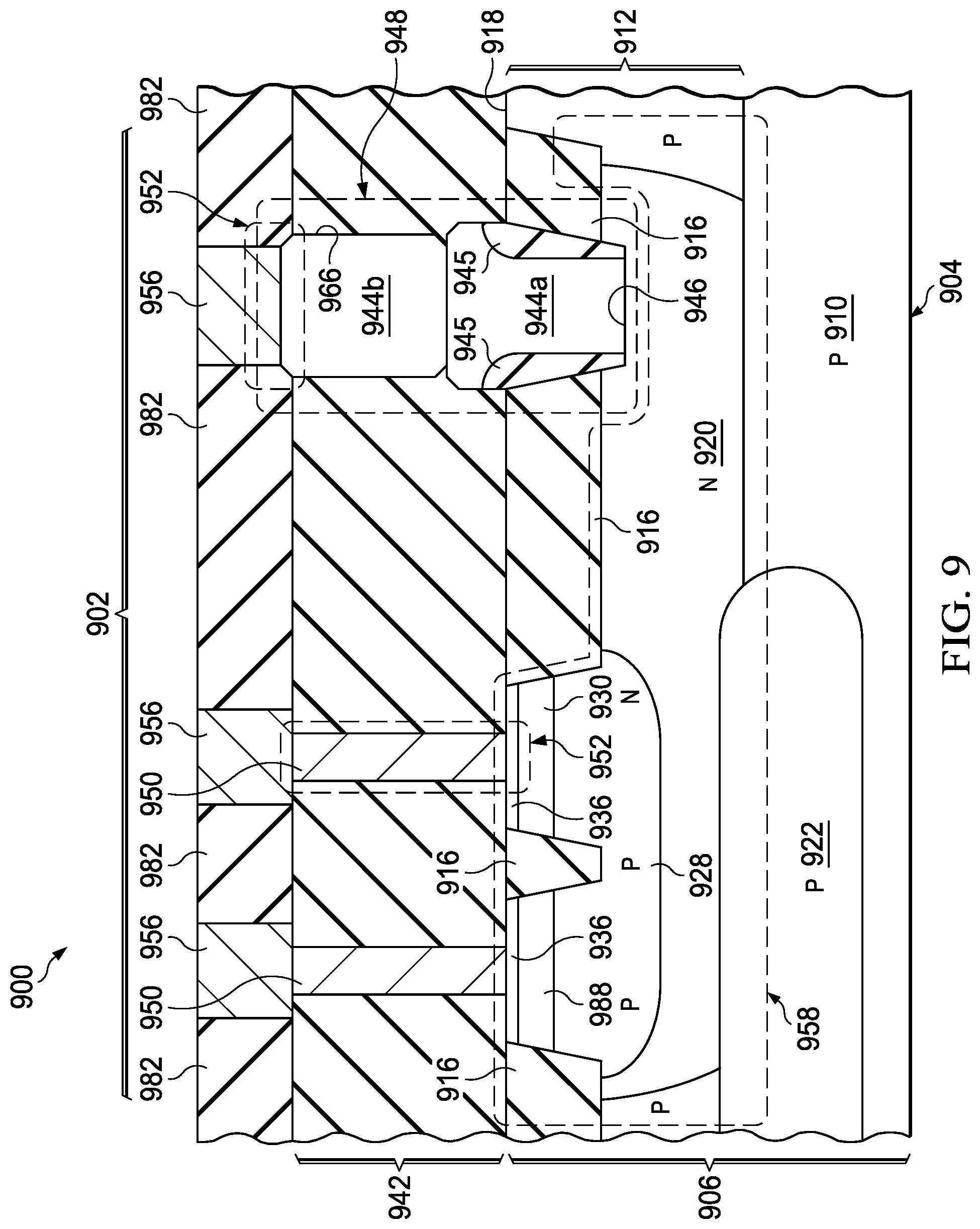 Patent US12317539 Figure 9 – Hybrid component with silicon and wide bandgap semiconductor material in silicon recess with nitride spacer