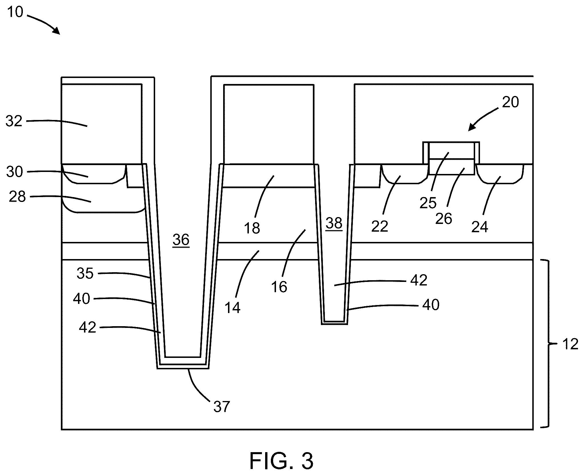 Patent US12317557 Figure 3 – Structures with deep trench isolation regions for a high-voltage field-effect transistor
