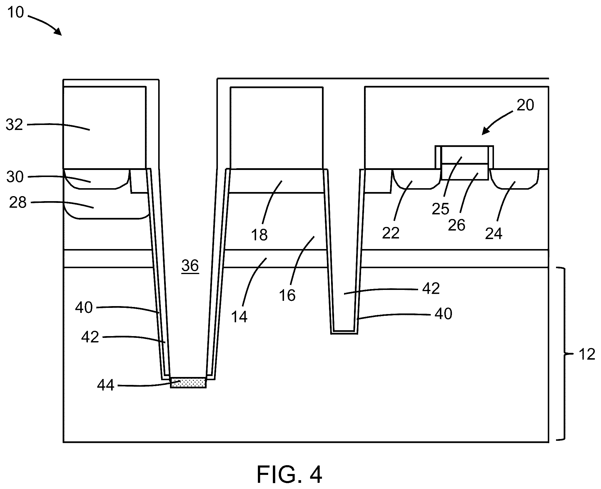 Patent US12317557 Figure 4 – Structures with deep trench isolation regions for a high-voltage field-effect transistor
