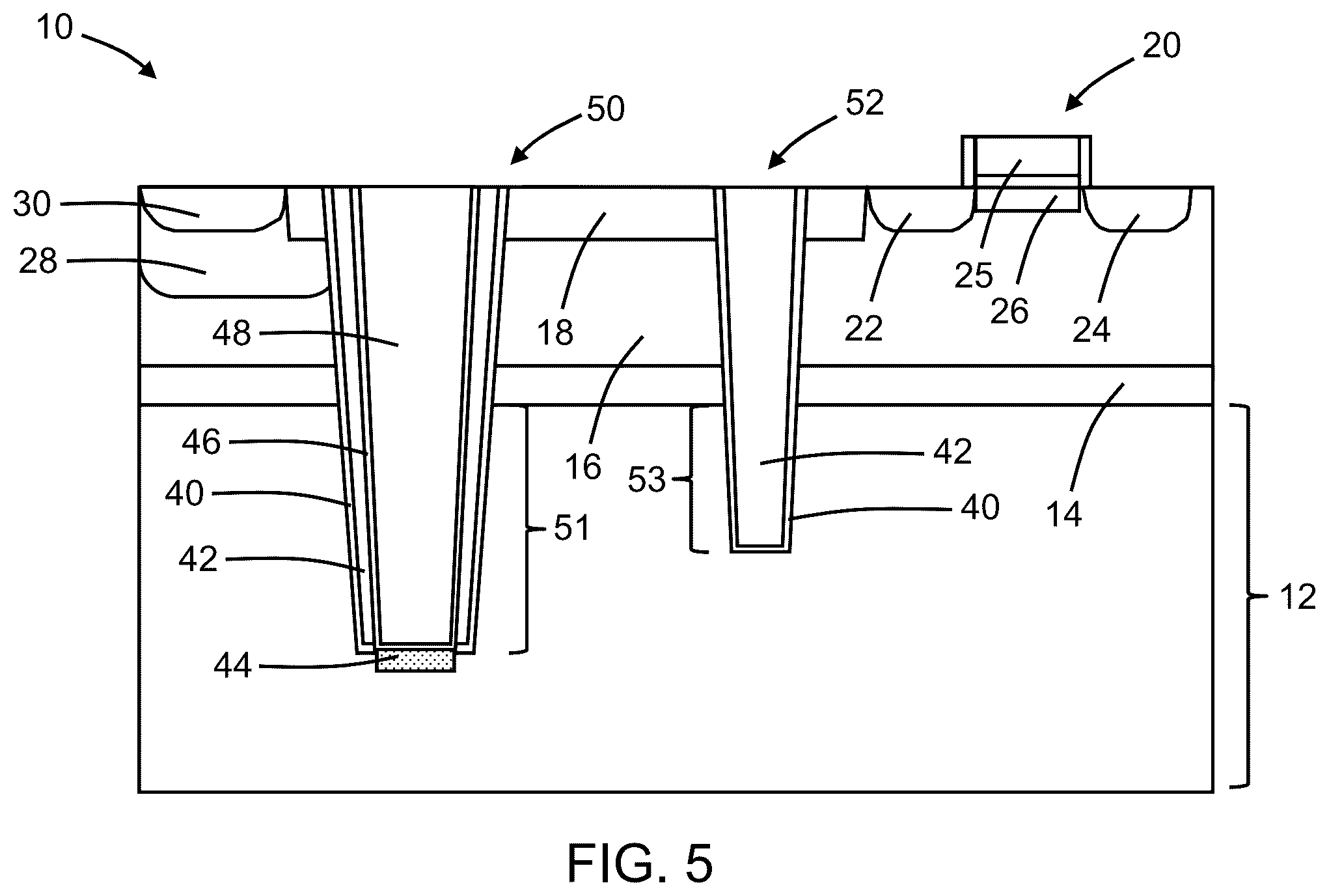 Patent US12317557 Figure 5 – Structures with deep trench isolation regions for a high-voltage field-effect transistor