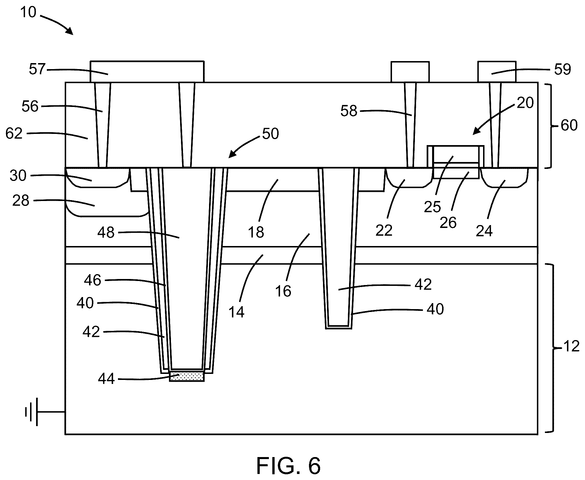 Patent US12317557 Figure 6 – Structures with deep trench isolation regions for a high-voltage field-effect transistor