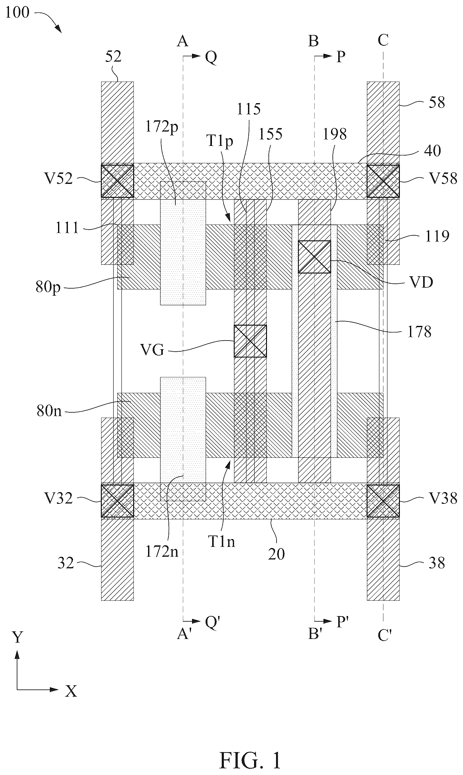 Patent US12317589 Figure 1 – Power rail and signal conducting line arrangement