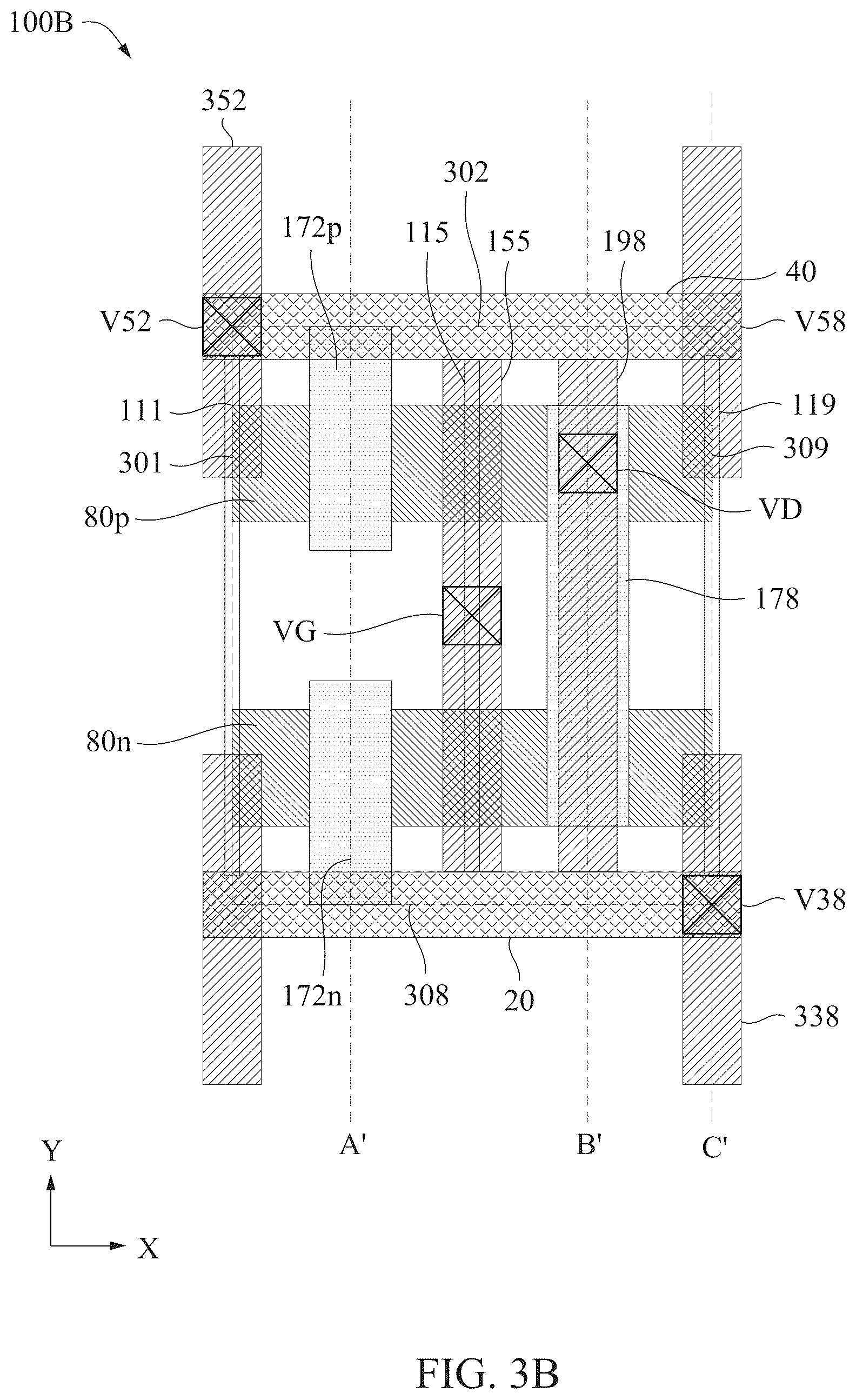 Patent US12317589 Figure 4 – Power rail and signal conducting line arrangement