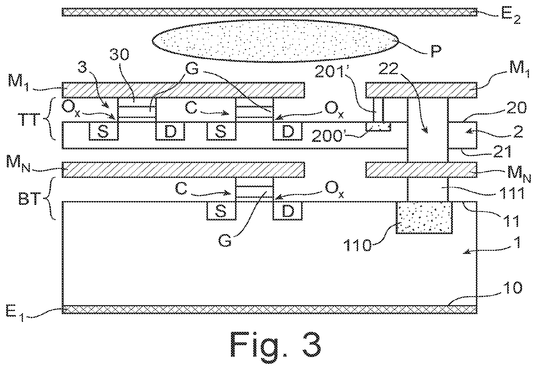 Patent US12317603 Figure 2 – Process for protecting an upper stage of electronic components of an integrated circuit against antenna effects