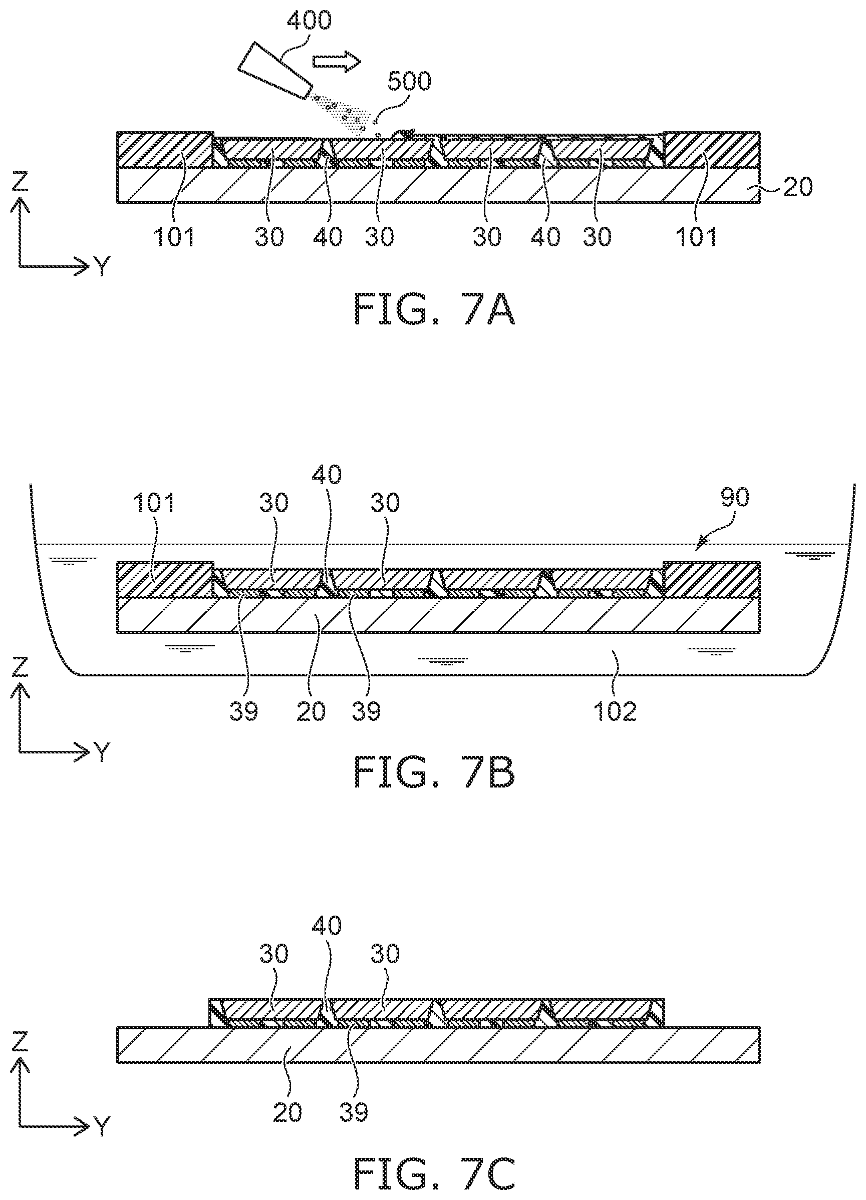 Patent US12317661 Figure 8 – Light emitting module manufacturing method including covering lateral faces of light emitting elements with resin