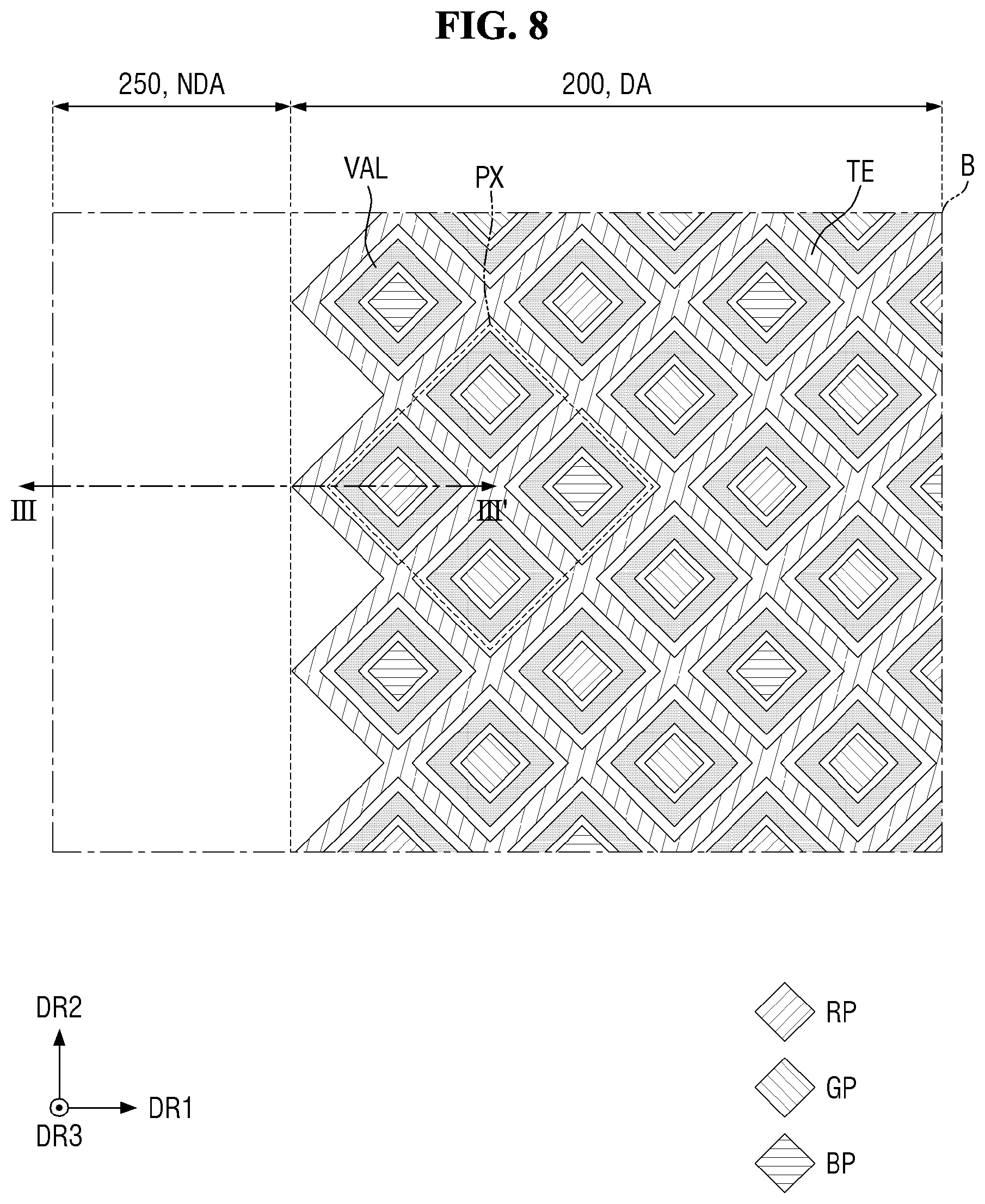 Patent US12317691 Figure 8 – Display device having organic planarization layer with valley and protrusion structures
