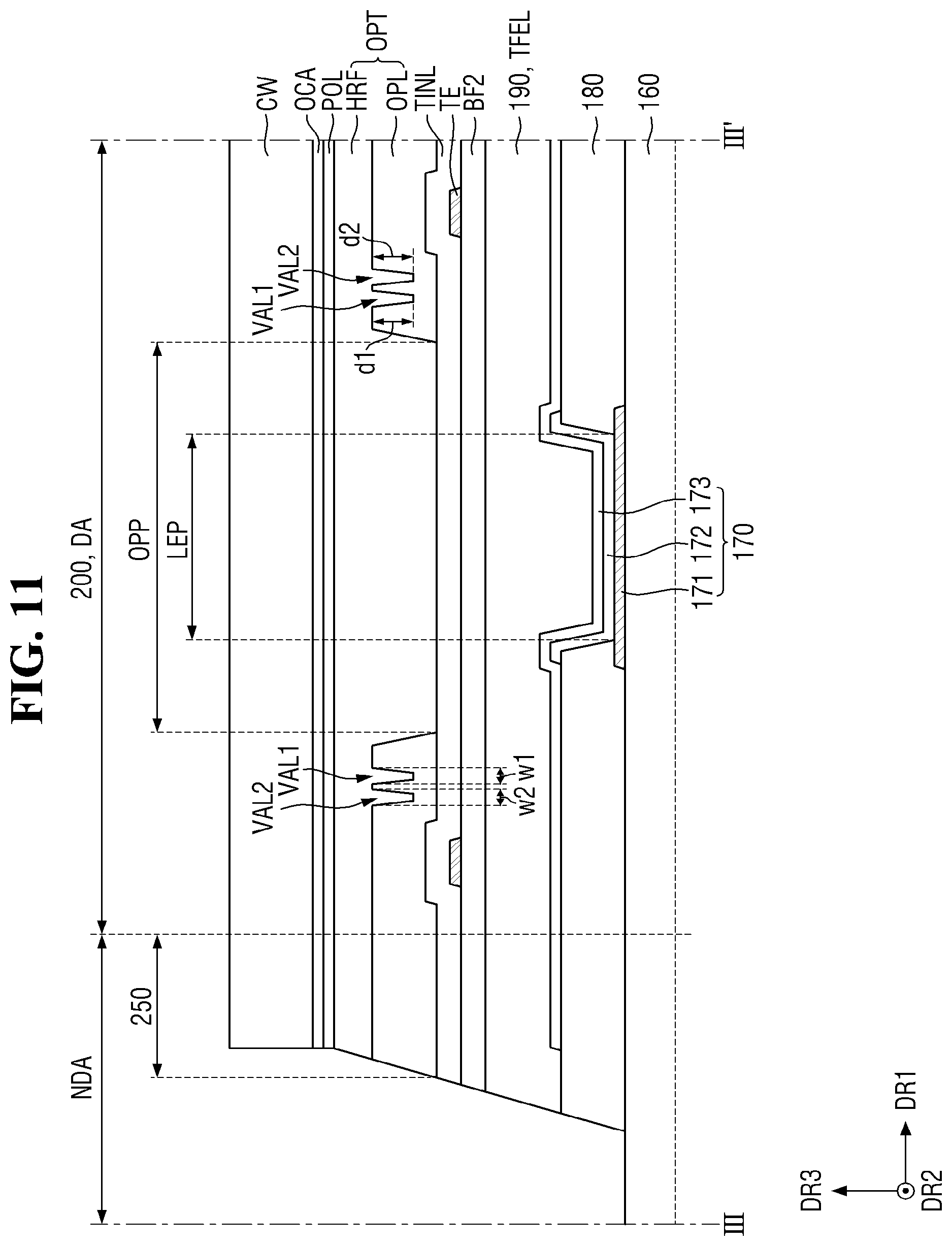 Patent US12317691 Figure 11 – Display device having organic planarization layer with valley and protrusion structures