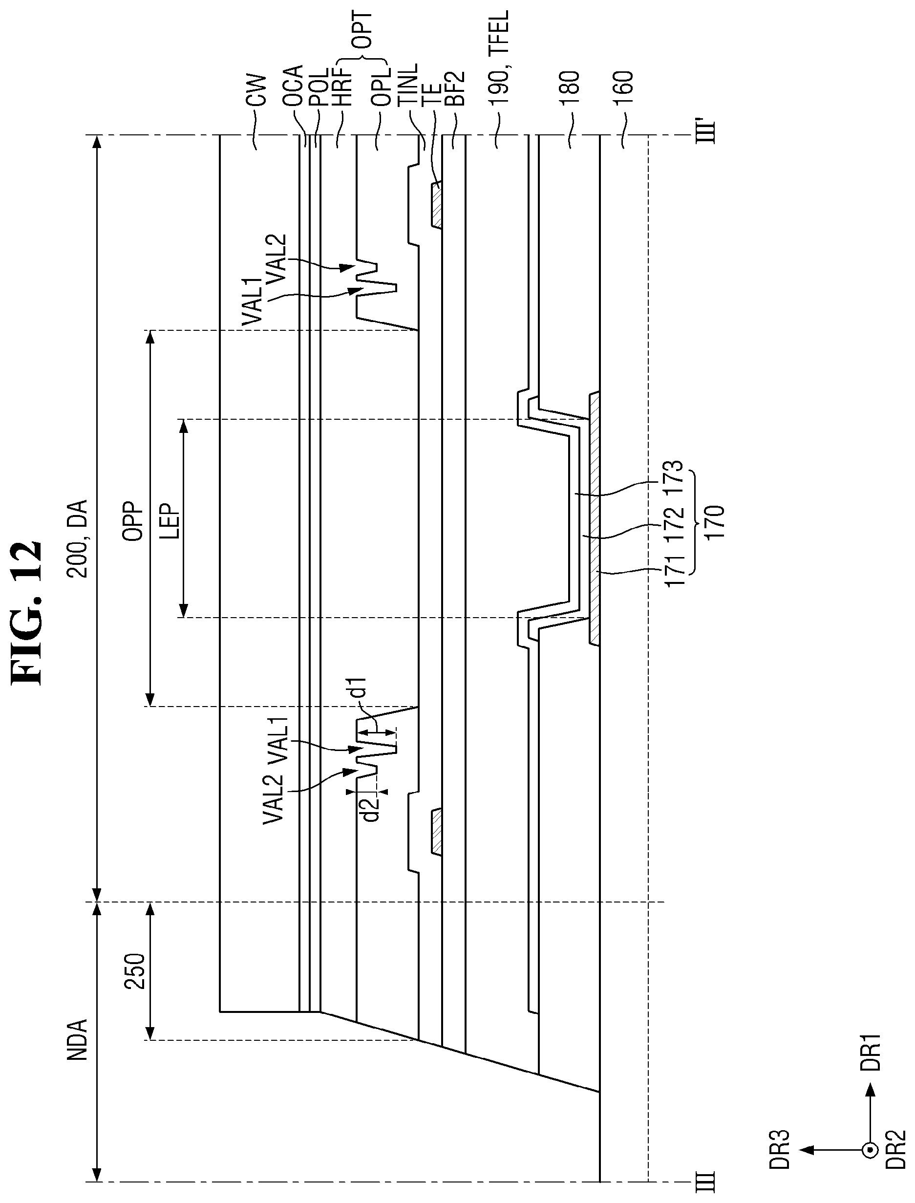 Patent US12317691 Figure 12 – Display device having organic planarization layer with valley and protrusion structures