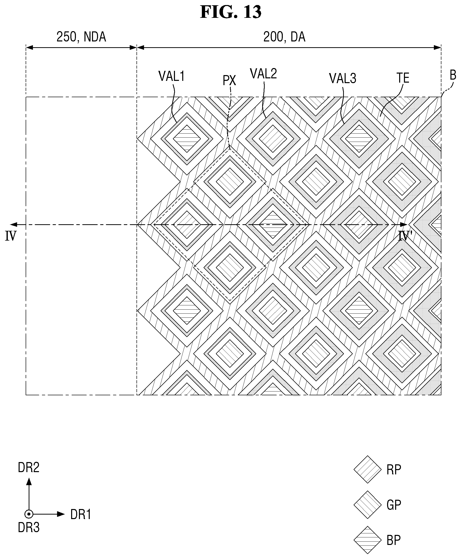 Patent US12317691 Figure 13 – Display device having organic planarization layer with valley and protrusion structures