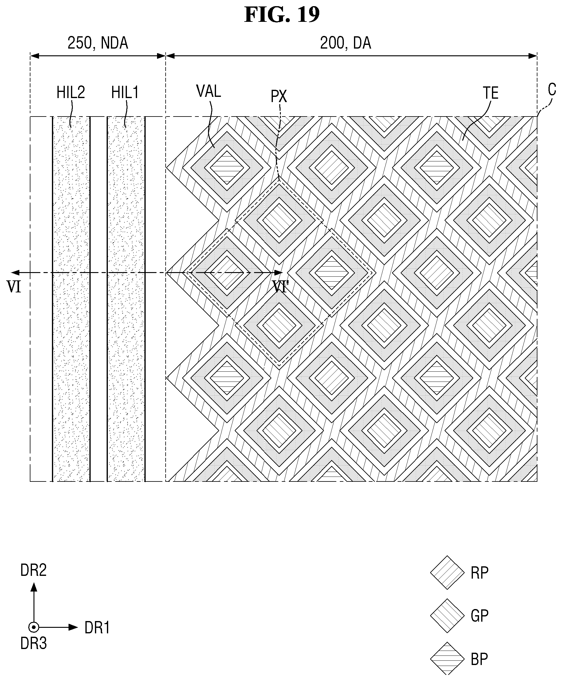 Patent US12317691 Figure 19 – Display device having organic planarization layer with valley and protrusion structures