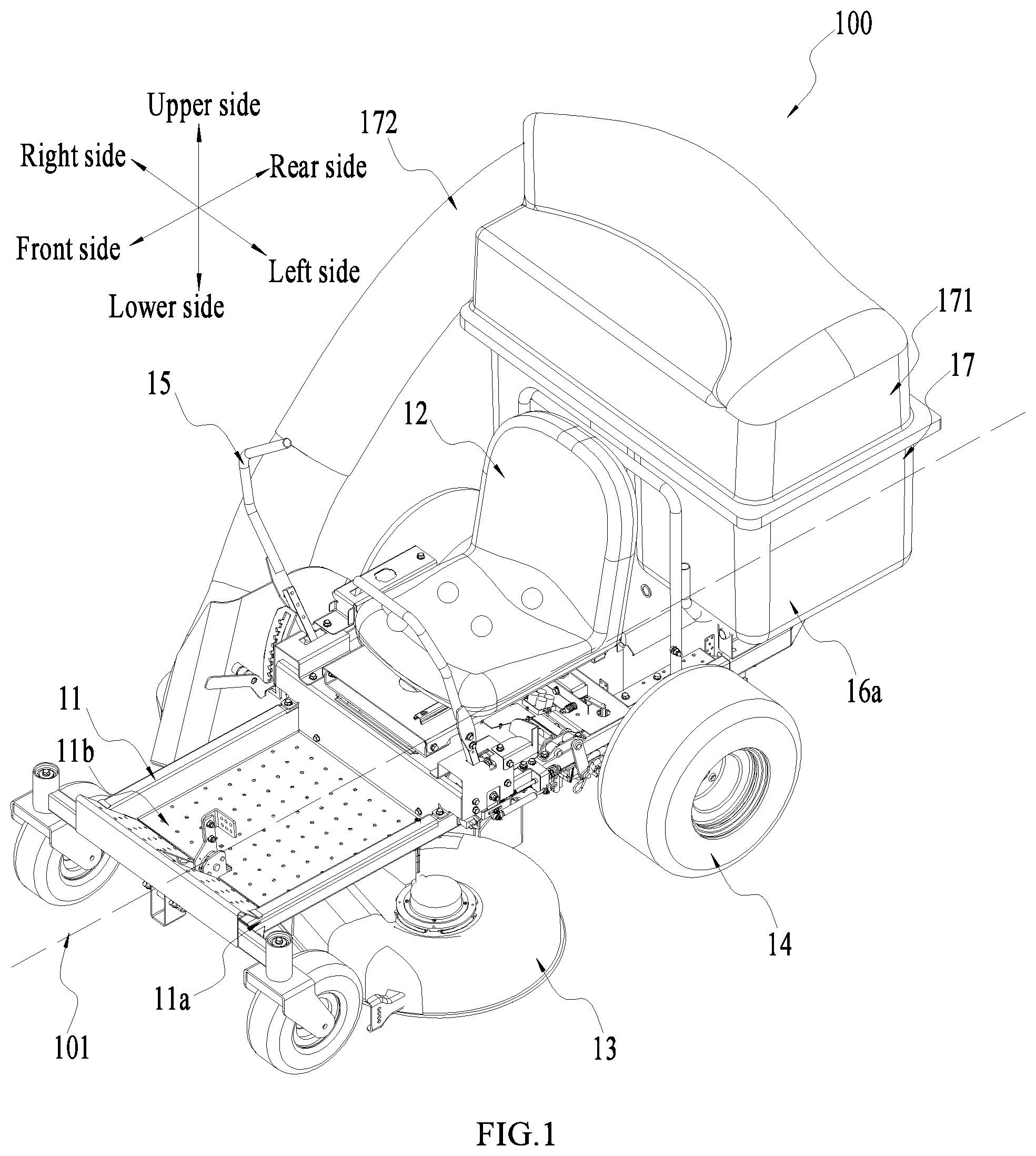 Patent US12317778 Figure 1 – Electric riding lawn mower